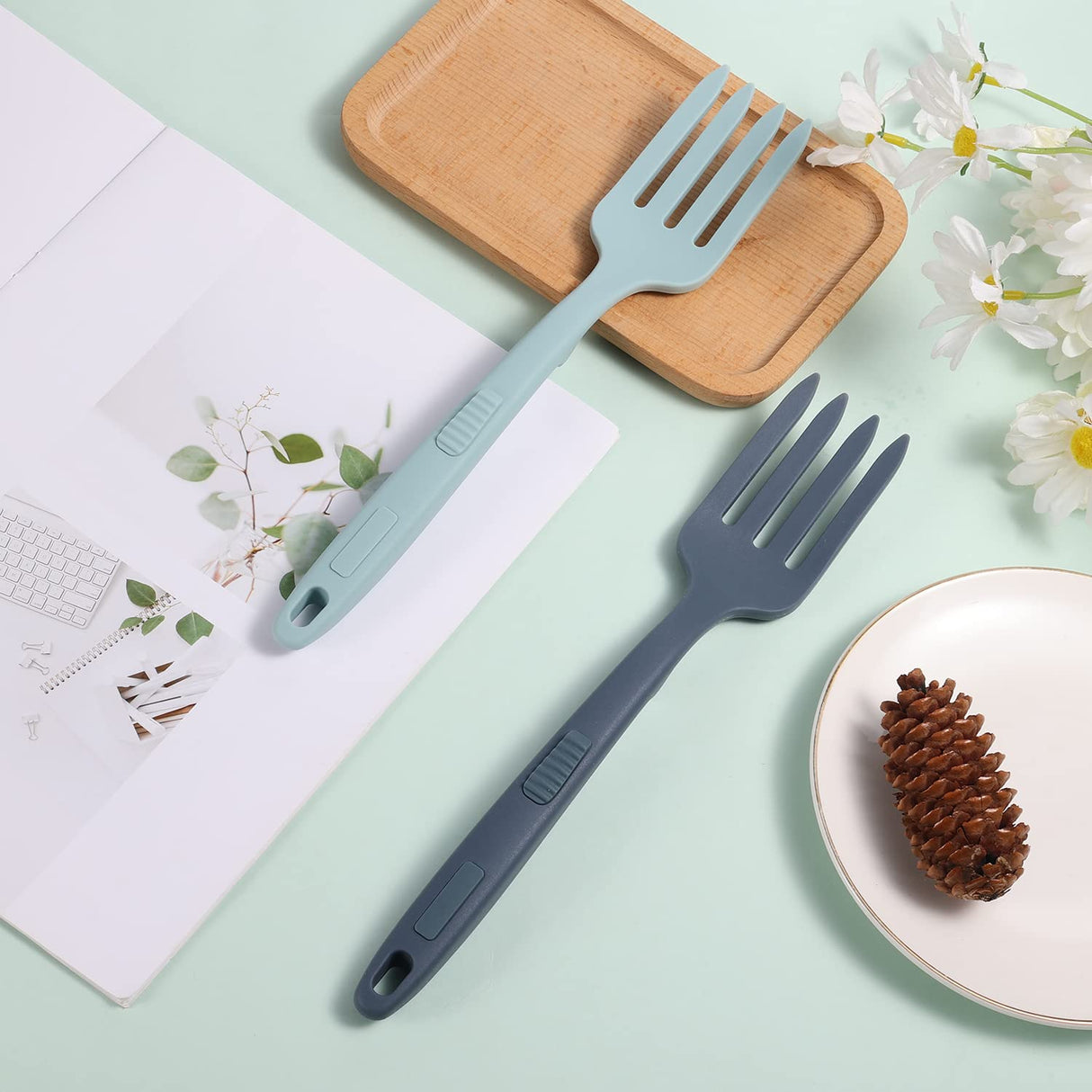 2pcs Silicone Flexible Forks, Silicone Cooking Fork Heat Resistant, Multifunctional Nonstick Blending Fork for Cooking Utensil for Kitchen Stir Mix Mash (Lake Blue, Dark Blue) KINBOM