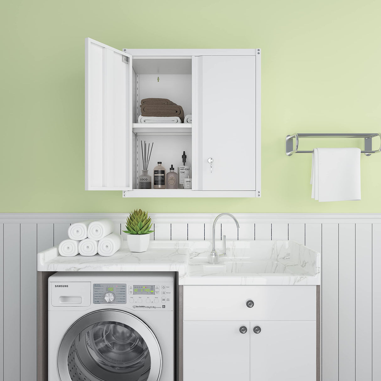 GREATMEET Metal Wall Cabinet, Wall Mount Metal Cabinet for Garage Storage, Locking Cabinet with Doors and Adjustable Shelf, Steel White Cabinet for Utility Room, Garage GREATMEET