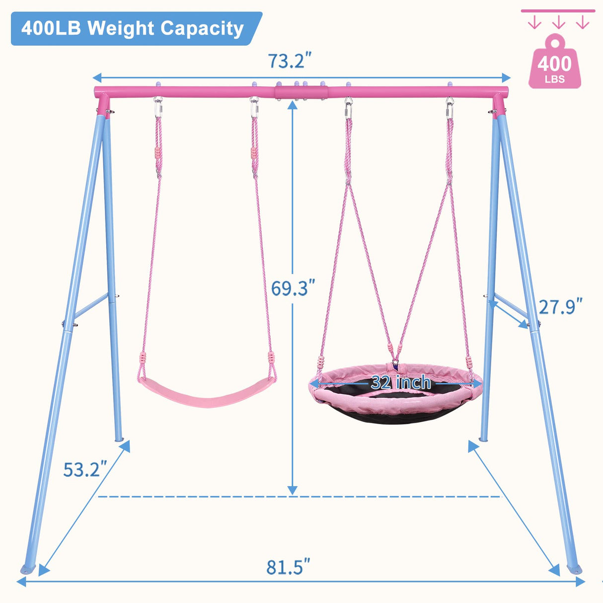 Lunafun Swing Set, 440lbs, Heavy-Duty A-Frame Metal Outdoor Swing Stand, 1 Saucer & 1 Belt Swing seat for Playground, Backyard Pink Lunafun