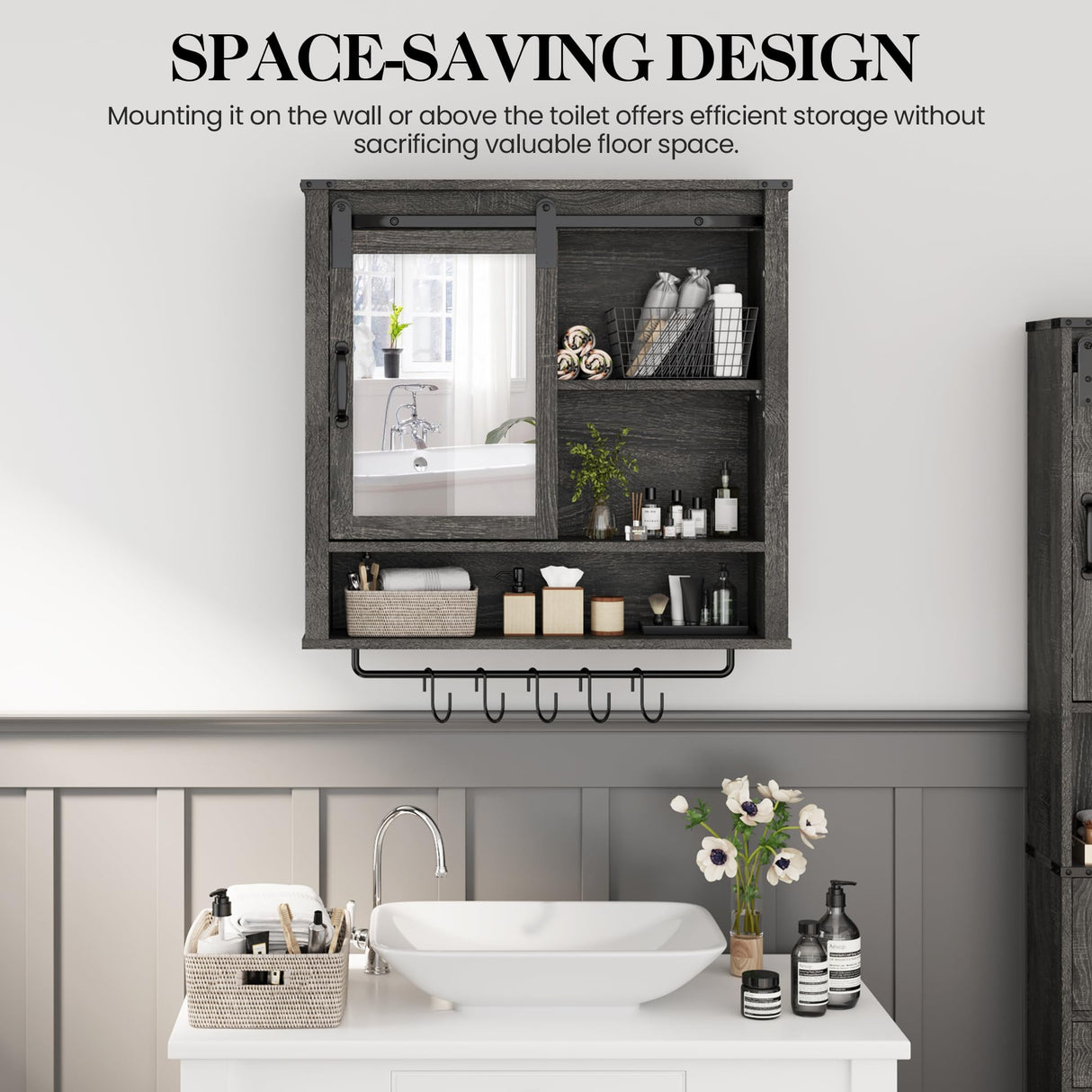 RoyalCraft 28in Bathroom Cabinet Wall Mount with Sliding Mirror Door, Over The Toilet Storage Cabinet, Farmhouse Medicine Cabinet with Shelves and Towel Bar for Living Room, 28" W x 29" H, Dark Grey RoyalCraft
