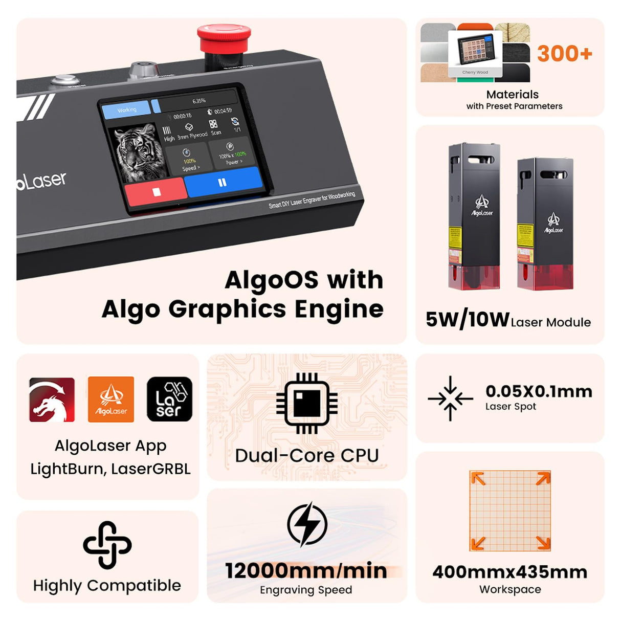 AlgoLaser Laser Engraver DIY KIT MK2 10000mW, Laser Cutter with 3.5" Touch Screen and AlgoOS, High Precision Laser Engraving Machine for Wood and Metal Acrylic Glass Leather, Laser Class 1 AlgoLaser