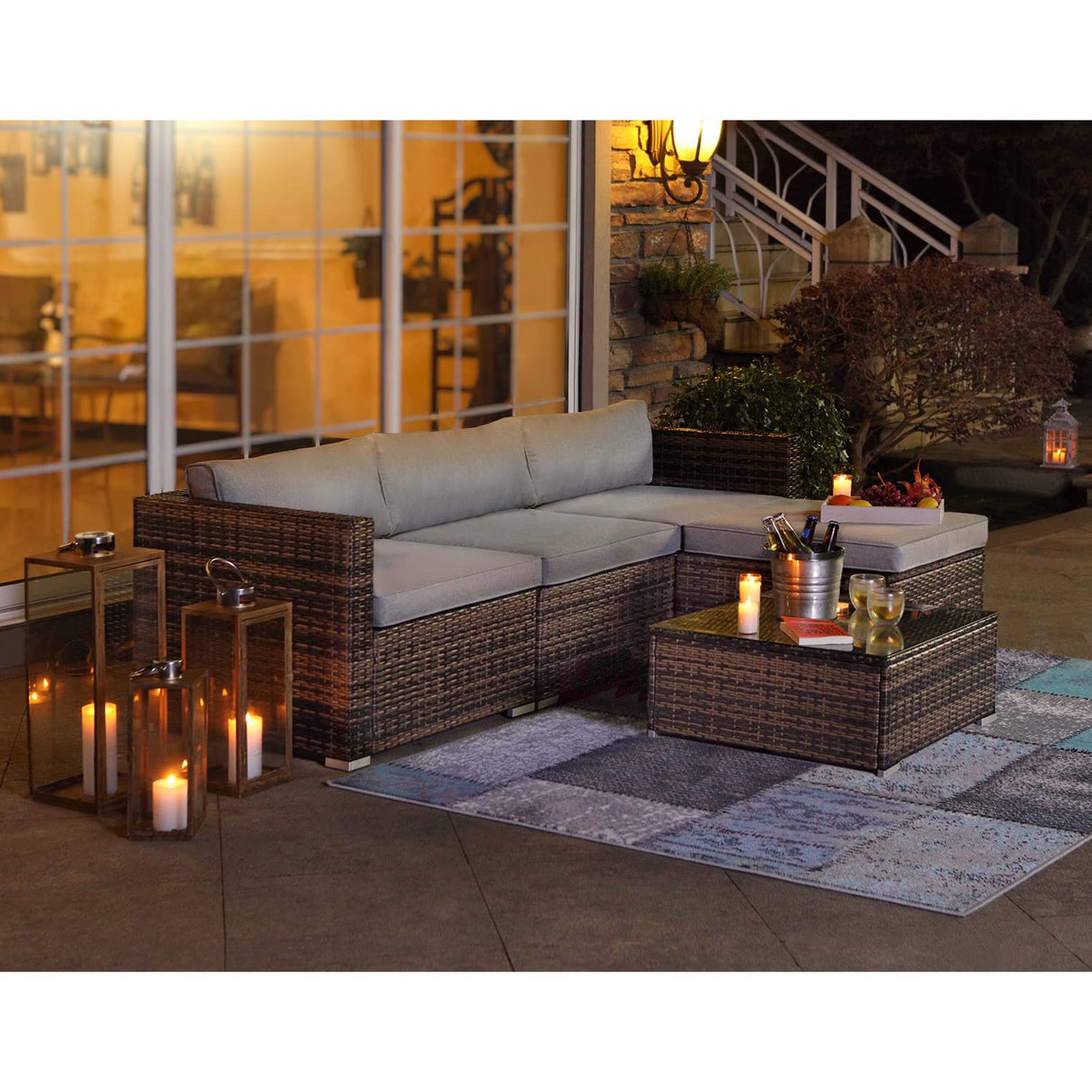 COSIEST 5-Piece Outdoor Furniture All-Weather Mottlewood Brown Wicker Sectional Sofa w Warm Gray Thick Cushions, Glass-Top Coffee Table, Patio COSIEST