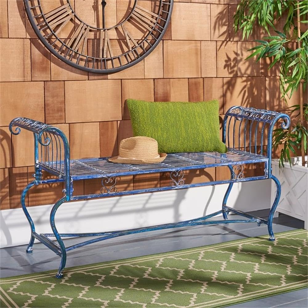 SAFAVIEH Outdoor Collection Brielle Victorian Antique Blue Bench SAFAVIEH