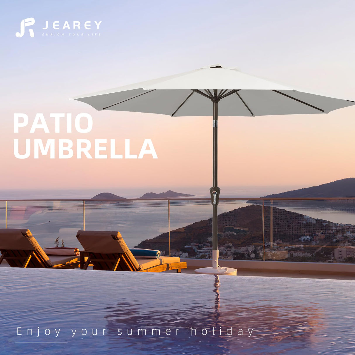 JEAREY 10FT Outdoor Patio Umbrella Outdoor Table Umbrella with Push Button Tilt and Crank, Market Umbrella 8 Sturdy Ribs UV Protection Waterproof for Pool, Garden (Creamy-white) JEAREY