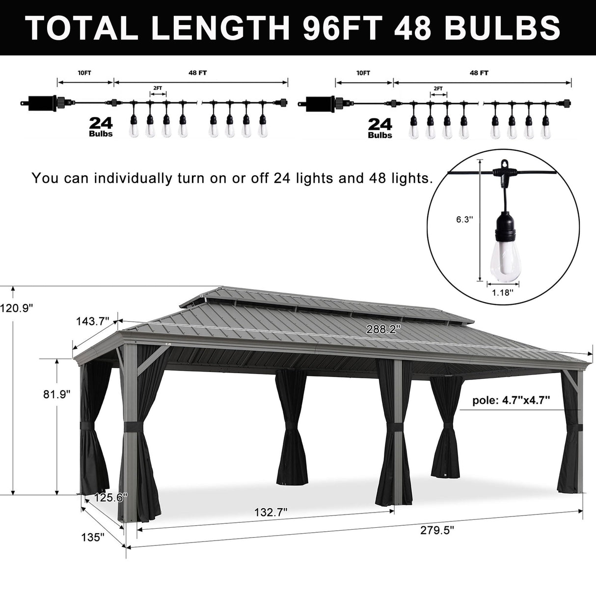 PURPLE LEAF 12' x 24' Patio Hardtop Gazebo with Light Metal Roof Heavy Duty Wind Resistance Outdoor Permanent Large Pavilion Gazebo for Patio Deck and Garden, Netting and Curtains Included, Light Grey PURPLE LEAF