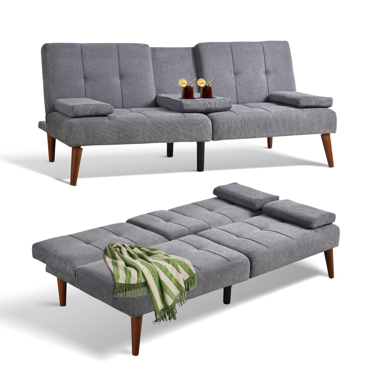 COLAMY Futon Sofa Bed-Fabric Small Futon Couch, Futon Lounge Sofa, Futon Convertible with 2 Cup Holders, Removable Soft Armrest, Adjustable Backrest for Dorm/Bedroom/College Lightgrey COLAMY