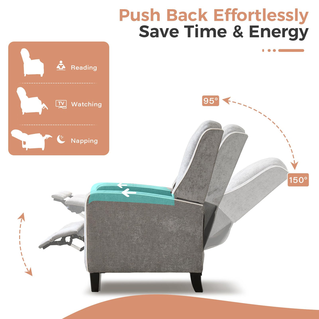 ANJ Push Back Recliner Chair, Soft Fabric Lounge Armchair,Wingback Recliner Single Sofa Chair with Steel-Reinforced Frame,Adjustable Pushback Chair for Living Room, Grey ANJ