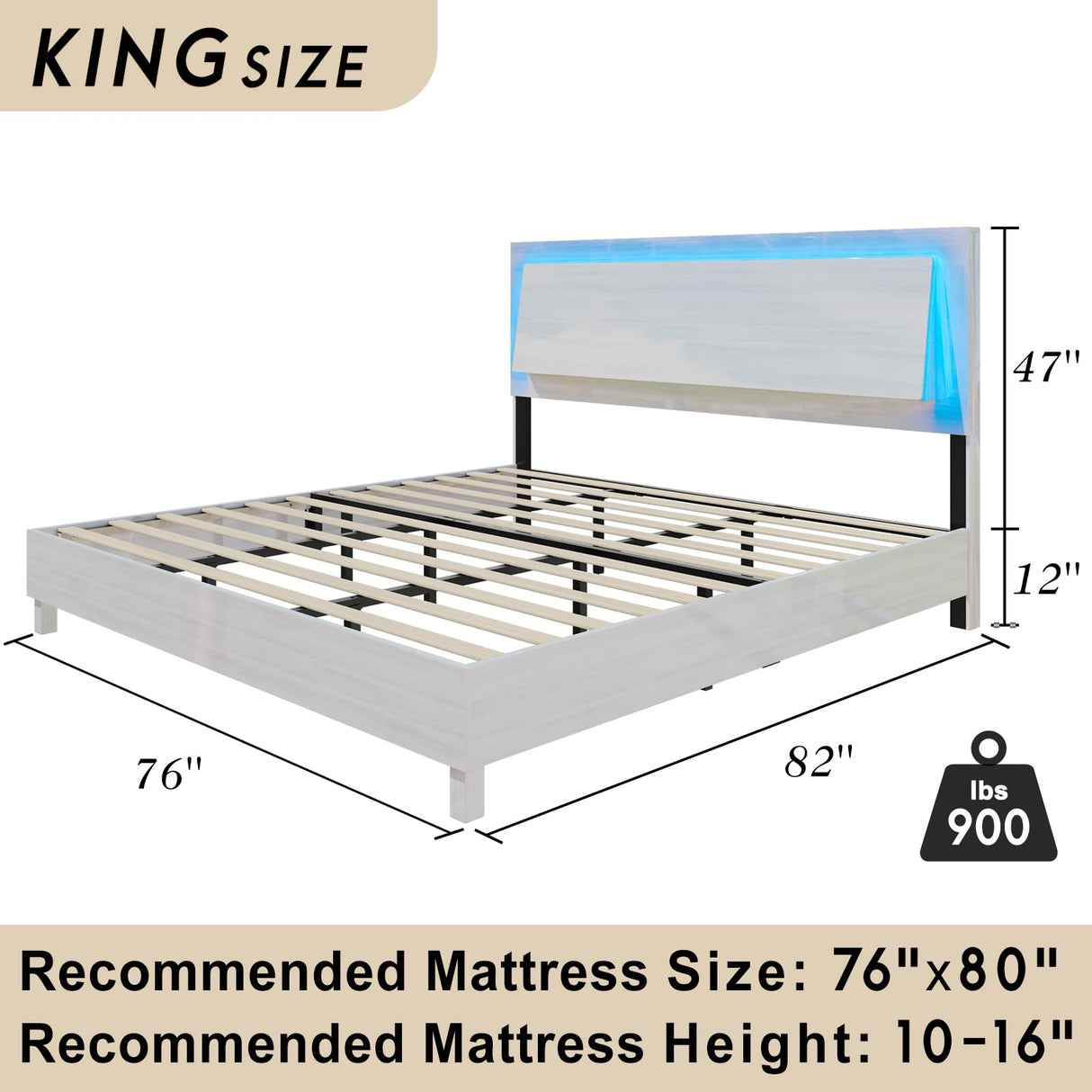 LUXOAK Modern High Gloss King Bed Frame with LED Floating Headboard and Easy Assembly LUXOAK
