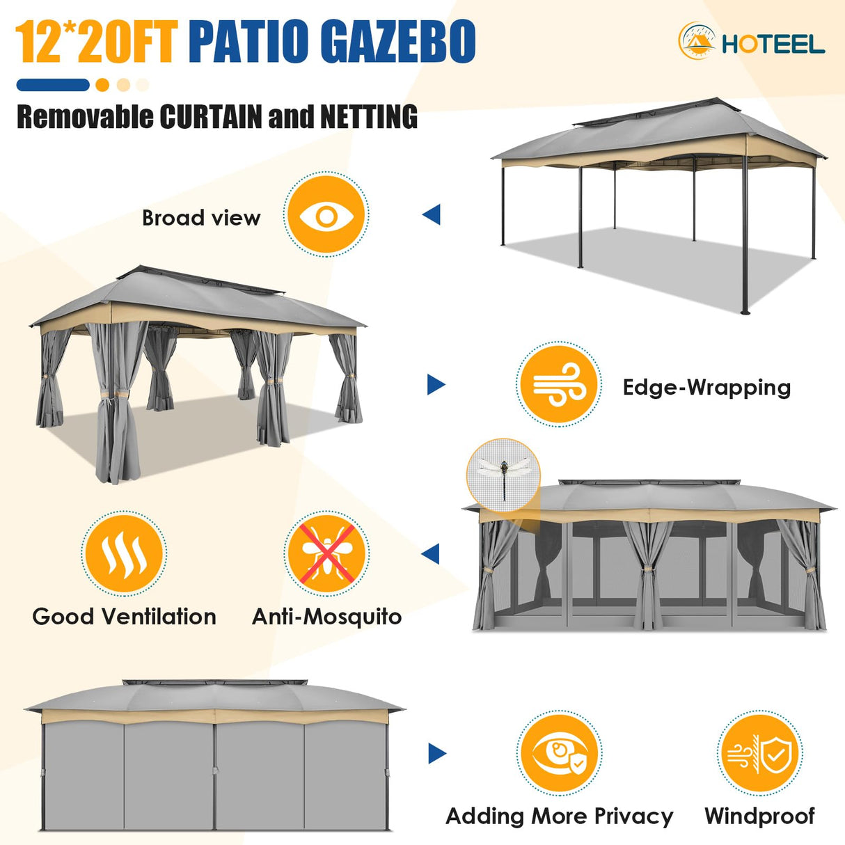 HOTEEL Gazebo 12x20, Outdoor Gazebo on Clearance with Double Ventilated Flat Roof, Privacy Curtains & Mosquito Netting, Easy Set up Canopy Tent with Stable Metal Frame for Patio, Gray (Upgraded 2.0) Hoteel