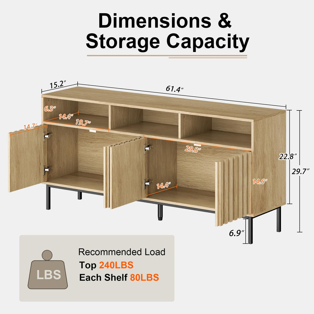 UEV Mid Century Modern Buffet Cabinet with Storage,Wood Sideboard Buffet,Geometric Fluted Storage Cabinet with Metal Legs,Accent Sideboard Cabinet for Kitchen,Living Room,Bedroom,Hallway(Natural) UEV