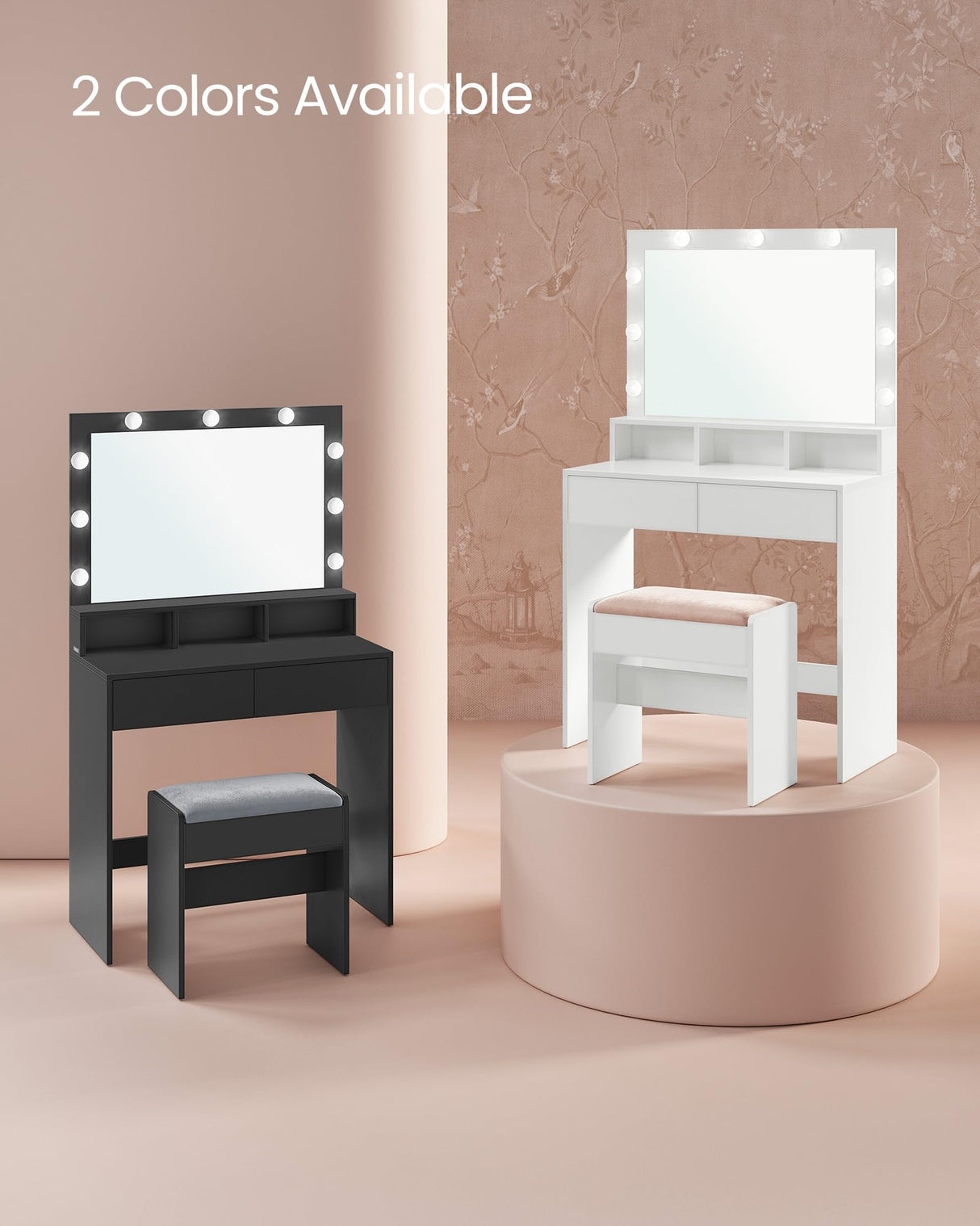 VASAGLE Vanity Desk with Mirror and Lights, Makeup Vanity with Upholstered Vanity Stool, 9 Dimmable LED Lights, 3 Compartments, 2 Drawers, for Bedroom, Cloud White URDT129W01 VASAGLE