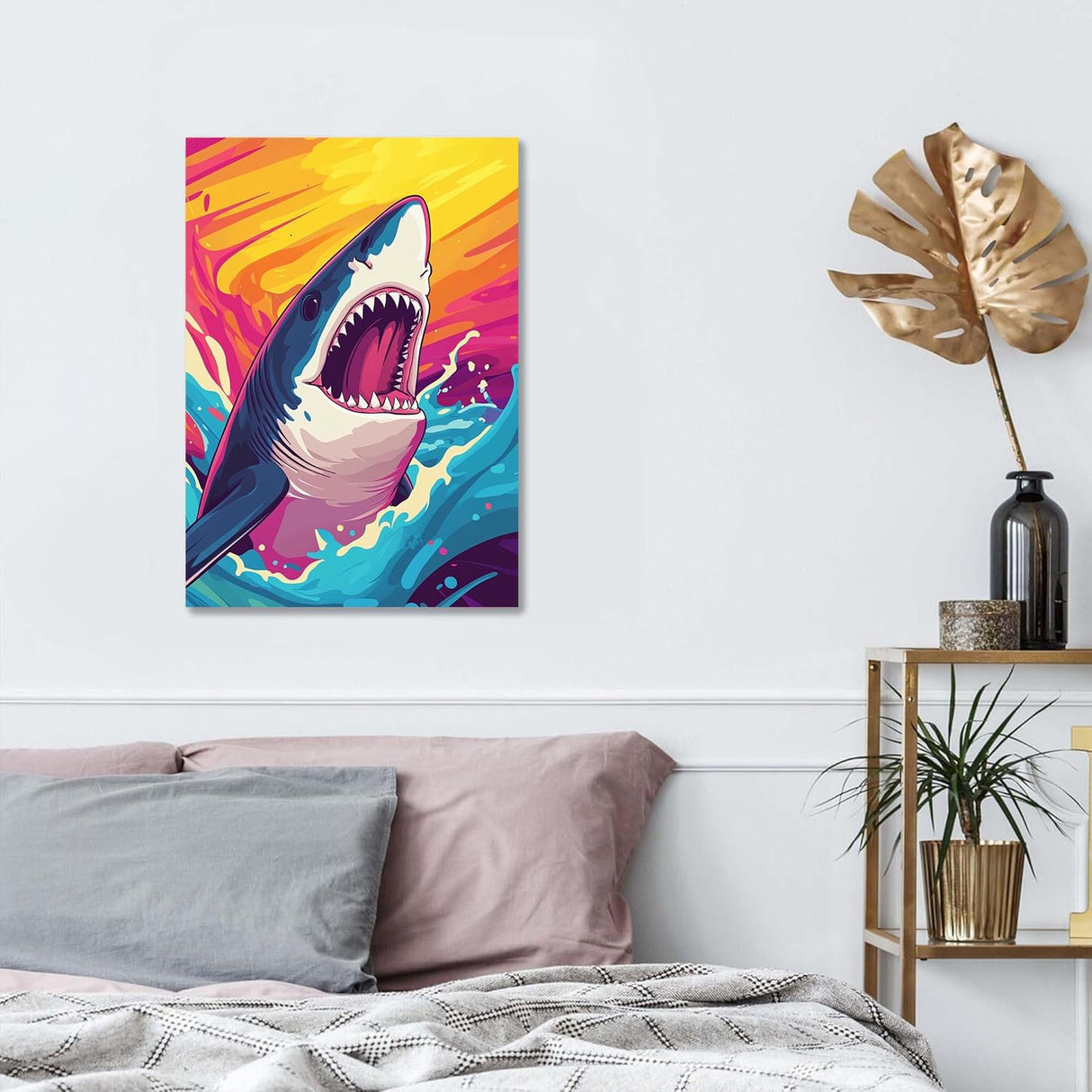 Bimkole Framed Paint by Numbers Kit for Adults Shark, DIY Oil Painting on Canvas with Frame, Animals Paint by Numbers Set for Home Wall Decor 8x12 Inch/20x30 cm Bimkole