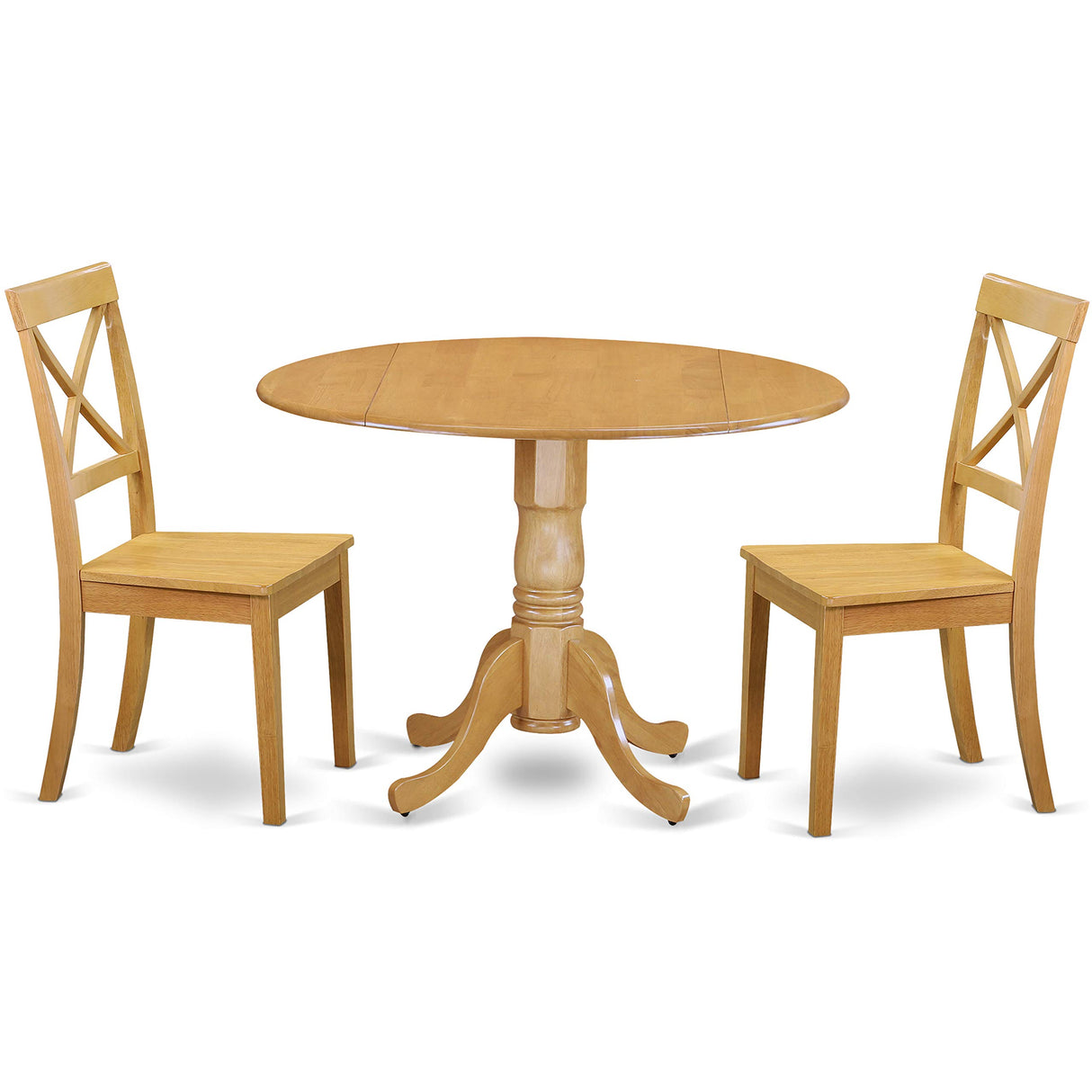 East West Furniture DLBO3-OAK-W 3 Piece Dining Set Contains a Round Dining Room Table with Dropleaf and 2 Wood Seat Chairs, 42x42 Inch, Oak East West Furniture