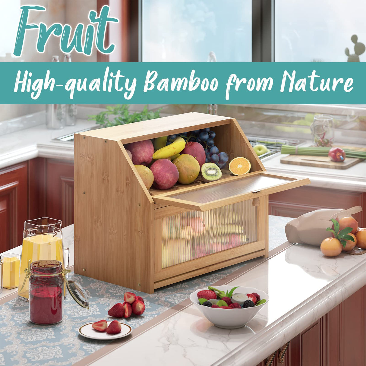 Vriccc Large Bread Box for Kitchen Counter,Bamboo Wood Double Layer Bread Box for Kitchen Counter, Wooden Capacity Bread Storage Bin Vriccc