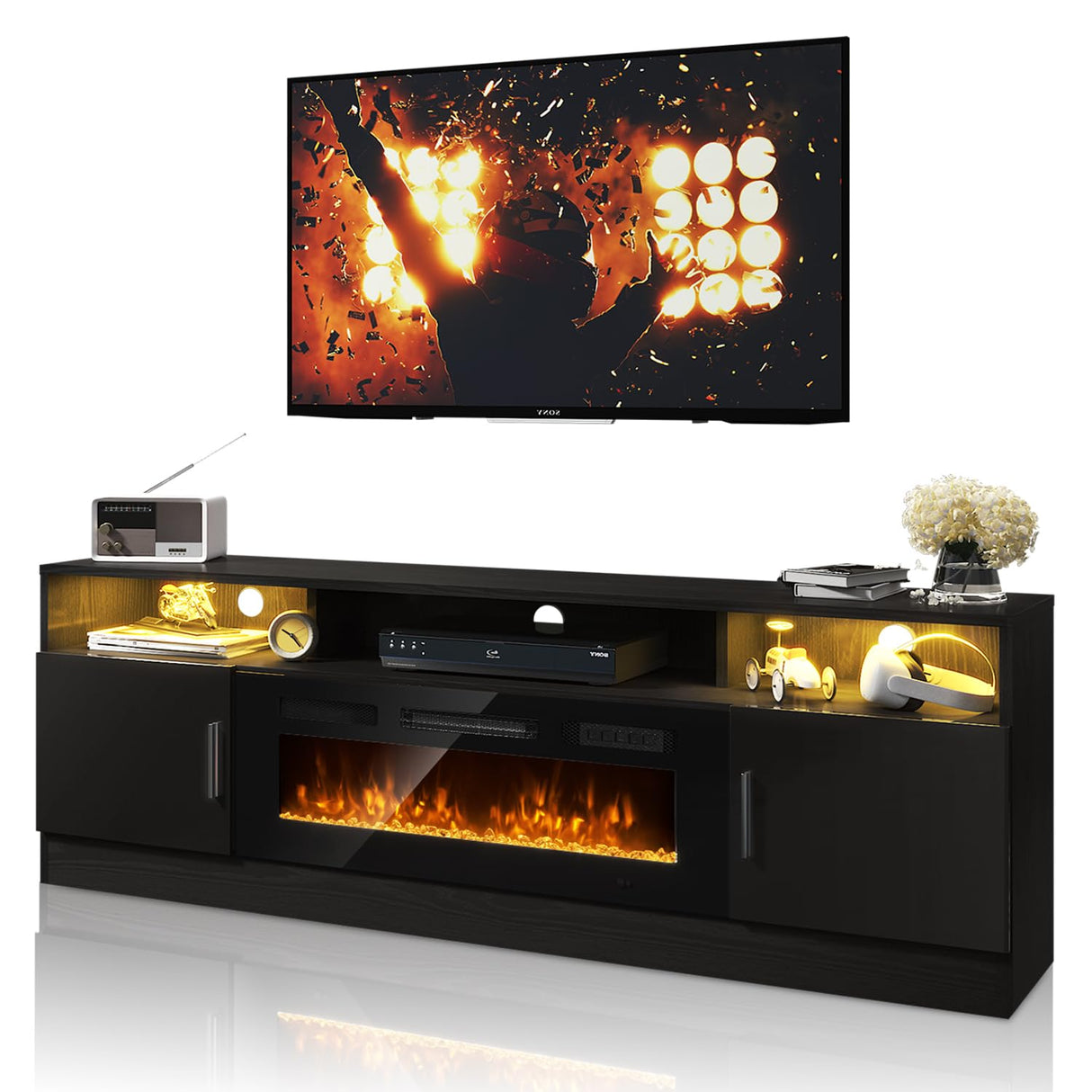 Breezestival 70" Fireplace TV Stand with Two Hinged Doors for TVs UP to 80", Electric Fireplace Entertainment Center with LED Lights & Storage Cabinets, TV Console for Living Room, Black Breezestival
