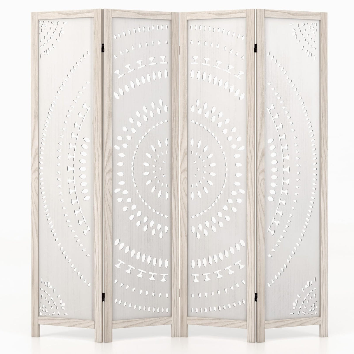 Giantex Room Divider 4 Panels - 66'' Boho Room Dividers with Carved Pattern & Solid Wood Frame, Folding Privacy Screen for Bedroom Office, Partition Wall Divider for Room Separation, Washed White Giantex