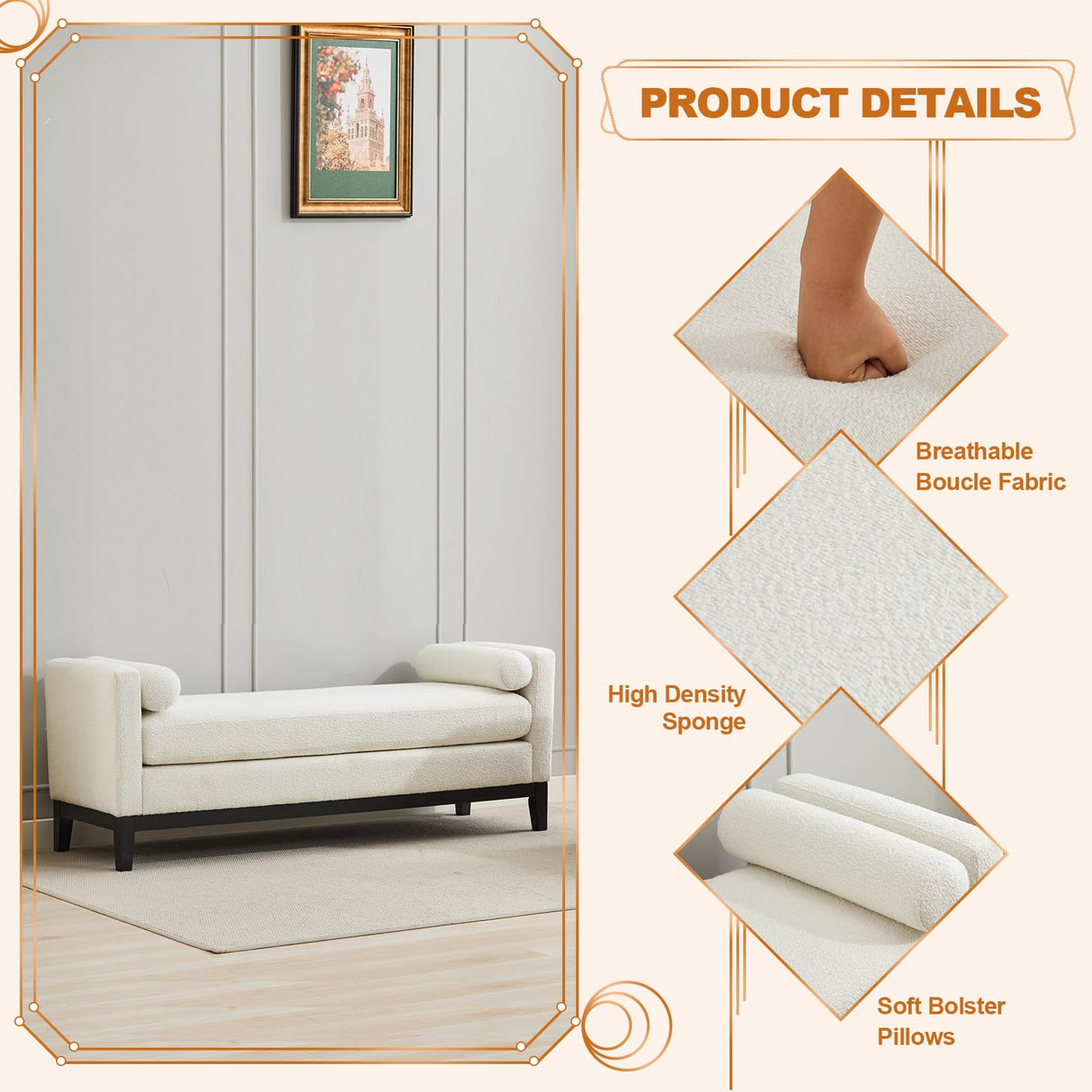 66.34 Inch End of Bed Bench, Upholstered Bedroom Ottoman Bench with Wood Legs, Elegant Ottoman with Bolster Pillows, Soft Fabric, for Living Room, Bedroom, End of Bed - Ivory WCFI