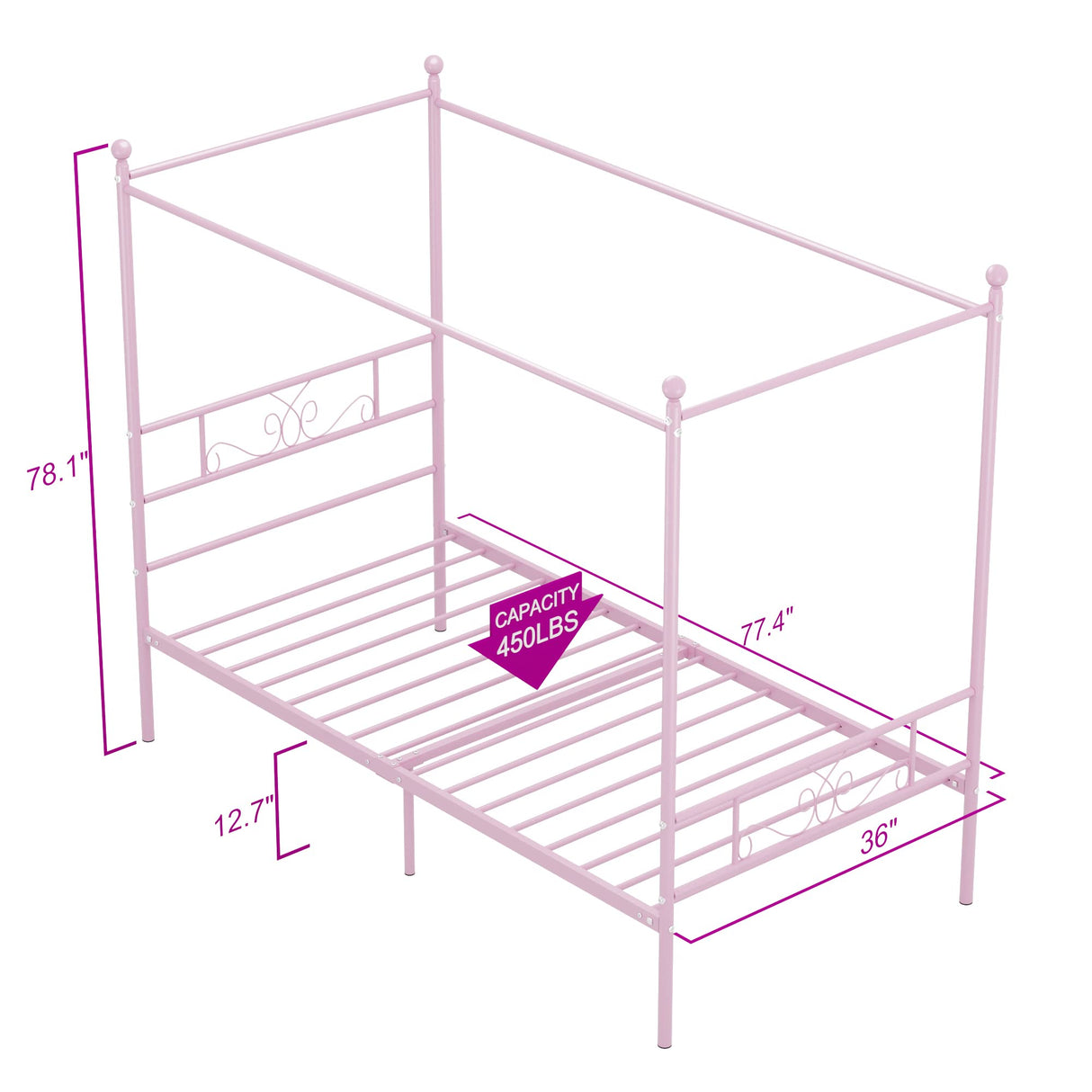 Weehom Twin Canopy Bed Frame with Headboard and Footboard, 4 Posters Metal Bed Frame, No Box Spring Needed, Mattress Foundation Platform Bed for Kids and Adults, Pink Weehom