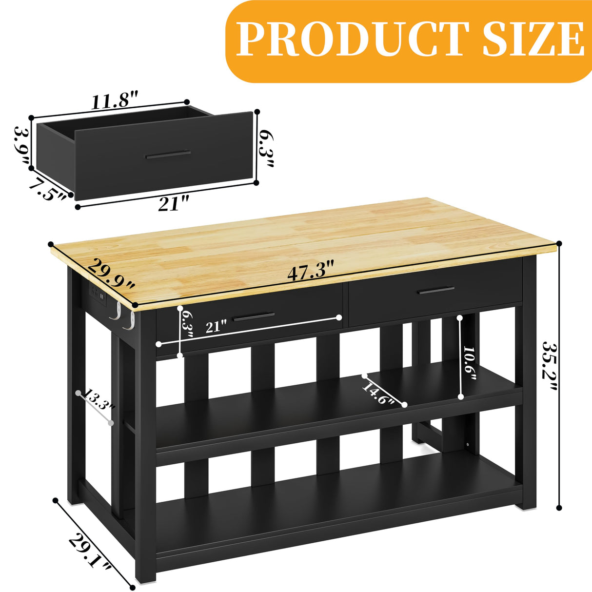 47.3" Solid Rubberwood Kitchen Island with Power Outlets - Extra Large Work Surface, 2 Drawers & Open Shelves Storage Cabinet for Kitchen Dining Room, Farmhouse Style (Black) DynJest