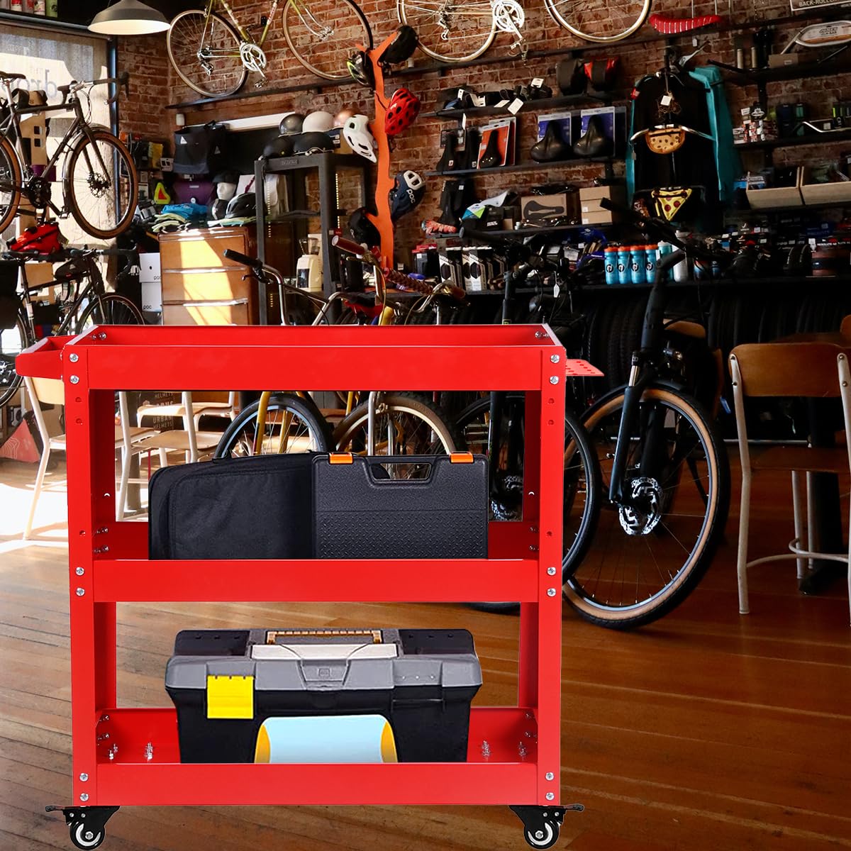 BRLJUNEO Tool Cart on Wheels, 3 Tier Rolling Mechanic Tool Cart, Heavy Duty Steel Utility Cart w/Lockable Wheels, 450 LBS Capacity Industrial Service Cart for Garage, Warehouse, Workshop (Bright Red) BRLJUNEO