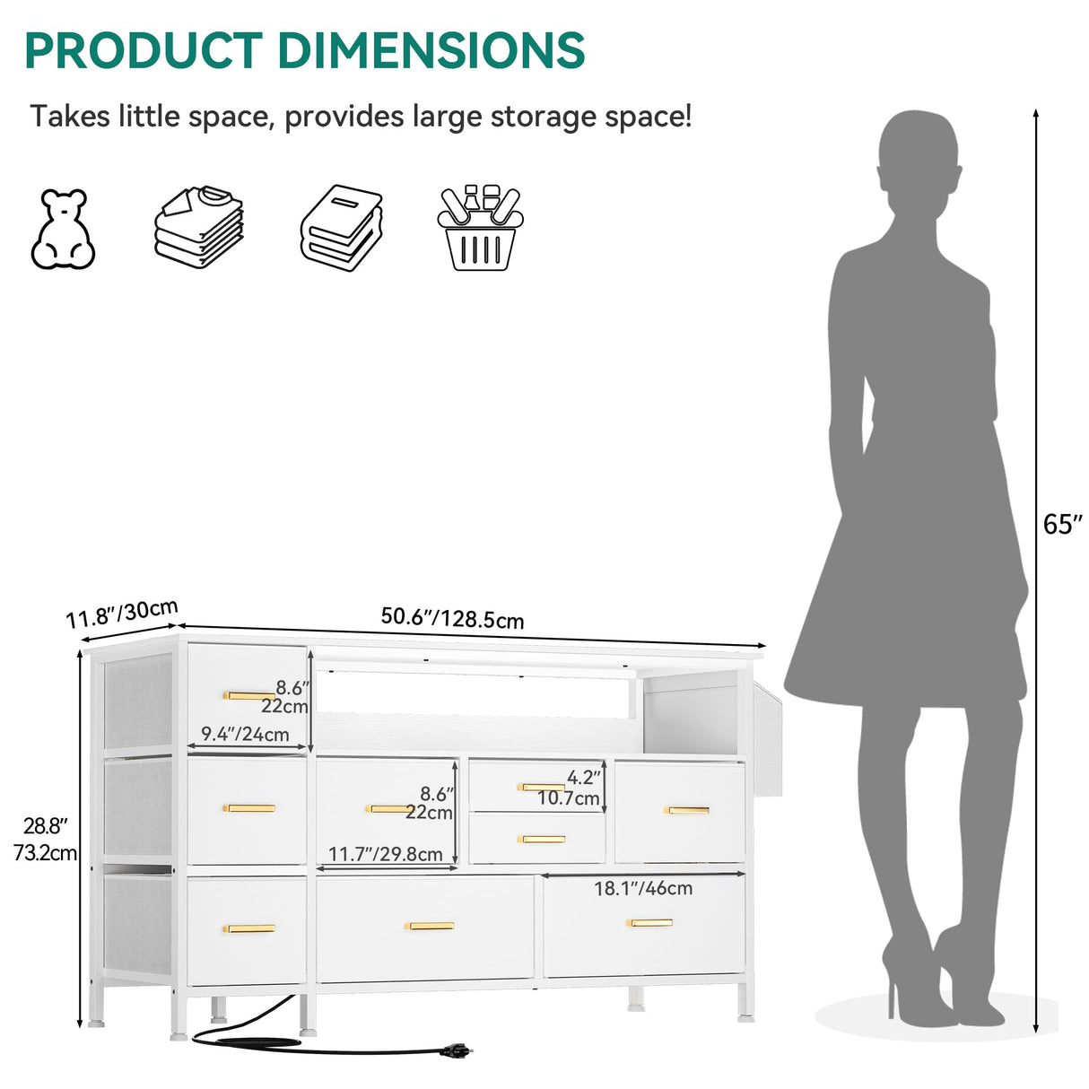 YITAHOME TV Stand with Charging Station, Dresser TV Stand for 55'' TV, 9 Drawer for Bedroom, White Drawer with Side Pockets, Fabric Drawer for Living Room, Entryway YITAHOME