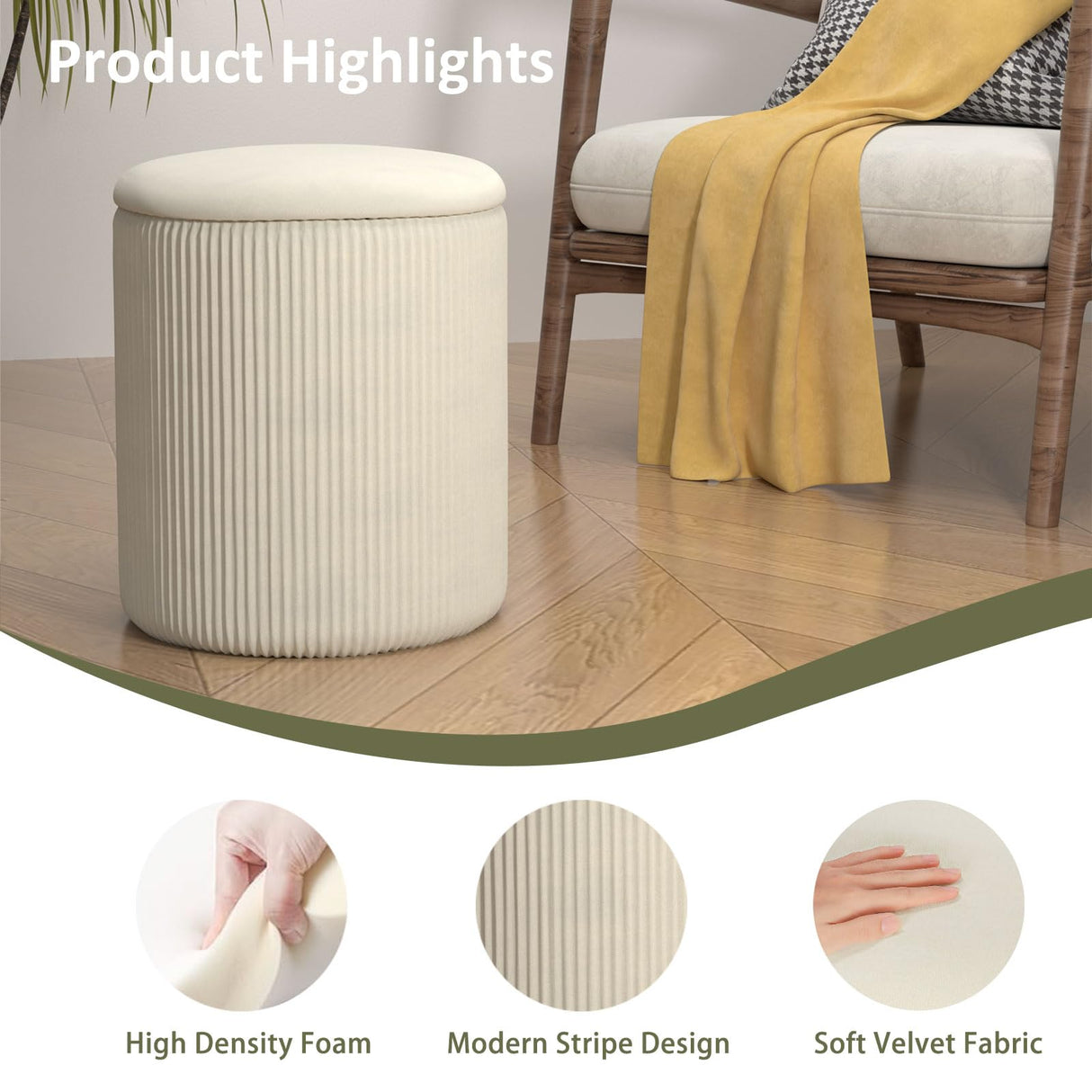 VENDORZ Round Ottoman Vanity Stool with Storage Set of 2, Beige Velvet Round Ottoman with Storage, Multifunctional Round Storage Ottoman Foot Rest, Storage Ottoman Round with Storage for Living Room VENDORZ