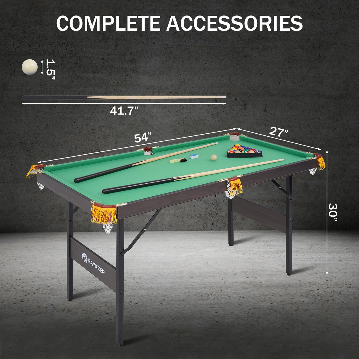 4.5Ft Foldable Pool Table, 54" Portable Folding Billiard Table for Kids and Adults, Indoor Pool Arcade Game Table with 2 Cues, 16 Balls, Triangle, 2 Chalks for Family Game Rooms (GREEN) RAYKEEP