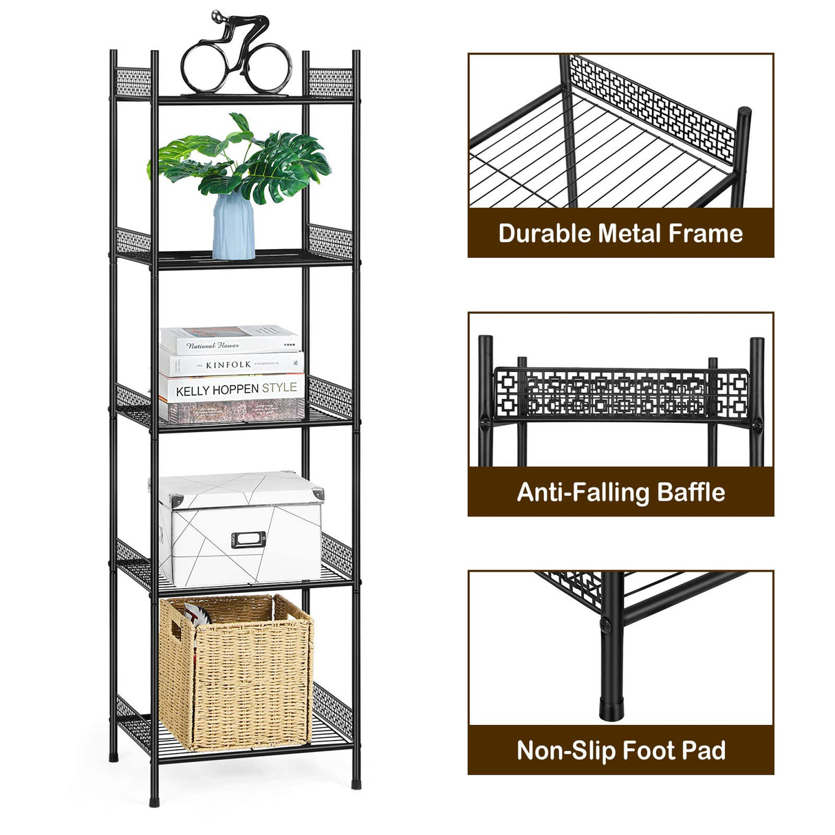 Nandae 5-Tier Bathroom Storage Shelf, Heavy Duty Wire Shelving Unit Free Standing Towel Rack Organization for Kitchen Bathroom Laundry, Black Nandae