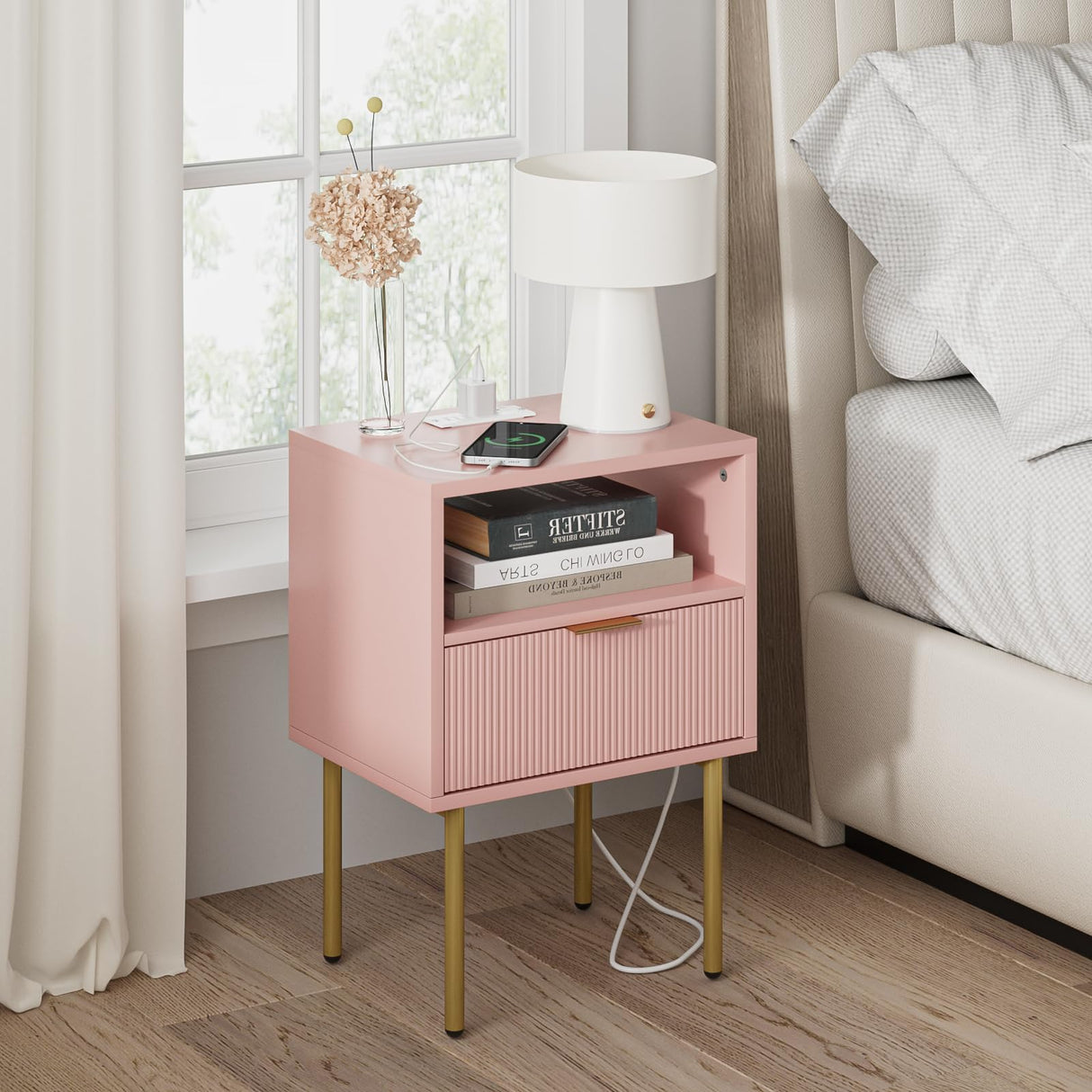 Masupu Nightstand with Charging Station,Mid-Century Modern Bedside Table with Storage Drawer and Open Wood Shelf,Small Gold Frame Side Table for Bedroom,Living Room (Pink) Masupu