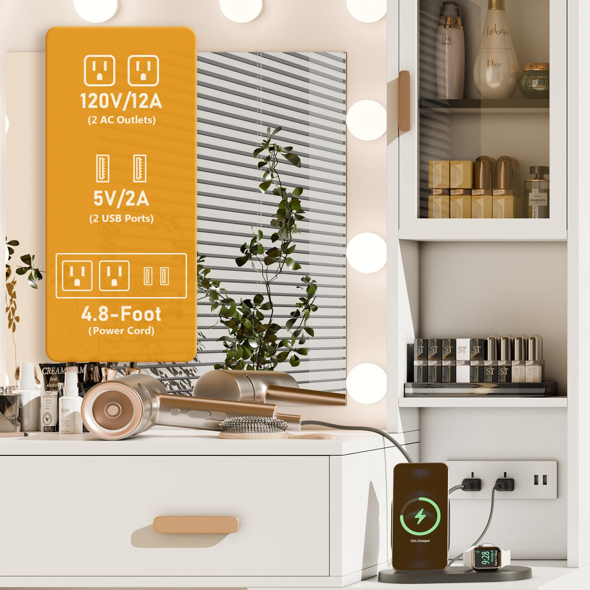 DYHOME Makeup Vanity Desk with Mirror and Lights & Charging Station, 49" Large White Vanity Desk with 3 LED Light Modes, Make Up Vanity Table Makeup Desk with 7 Drawers & 3 Cabinets for Bedroom DYHOME