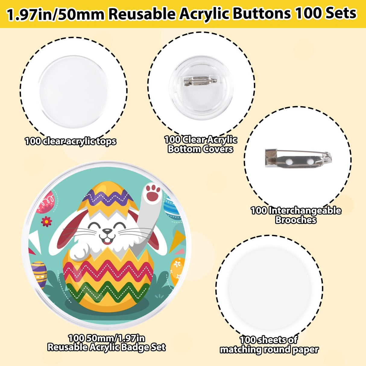 Happizza 1.97 Inch Button Maker DIY Clear Button Pins 50 Pack, Acrylic Button Making Kit, Make Your Own Buttons, Picture Photo Buttons for School Crafts Supplies, Blank Button Pins with Round Paper Happizza