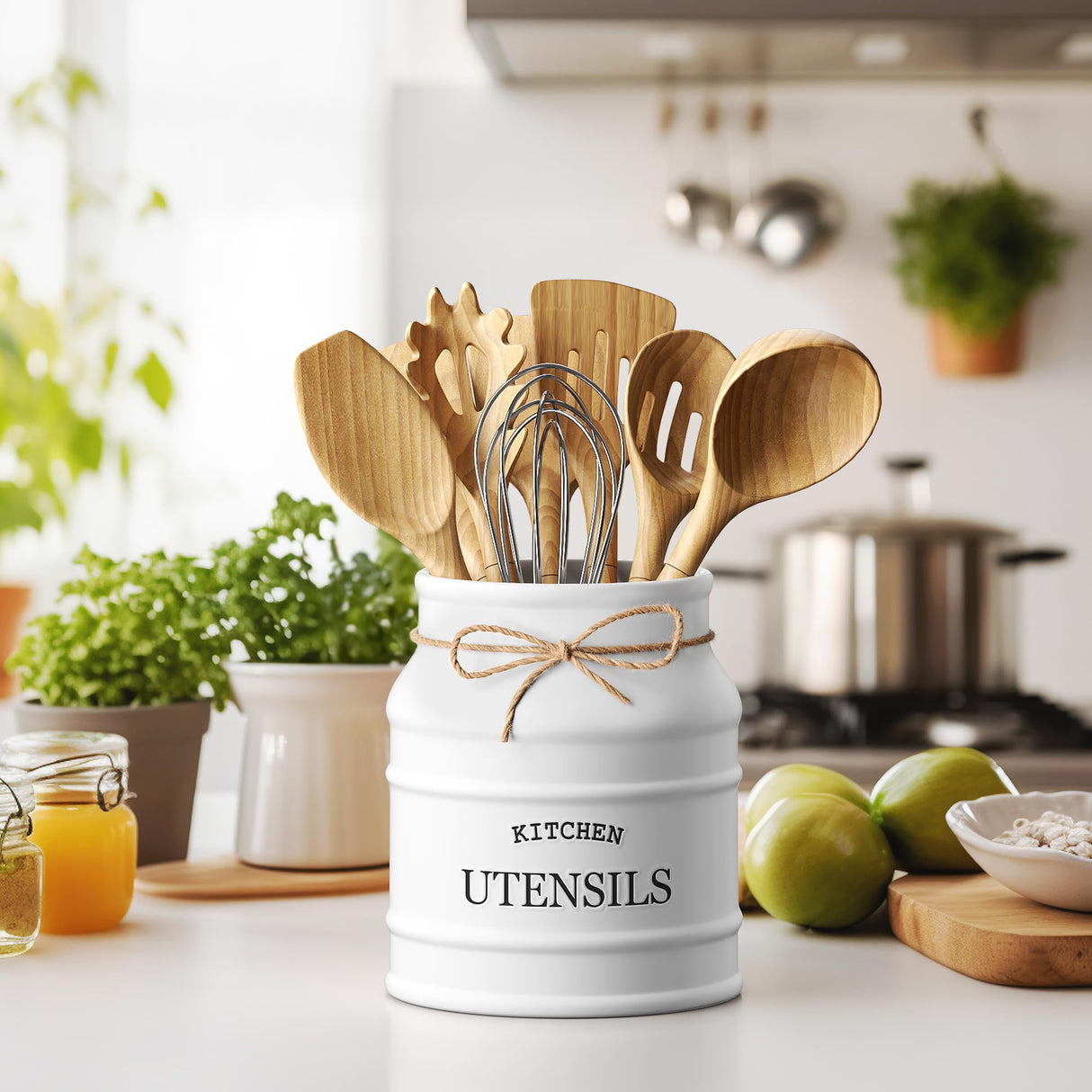 Barnyard Designs Ceramic Farmhouse Utensil Holder for Kitchen Counter, Large Rustic Utensil Crock, Countertop Cooking Tool Spatula Organizer, 6.75” (White) Barnyard Designs