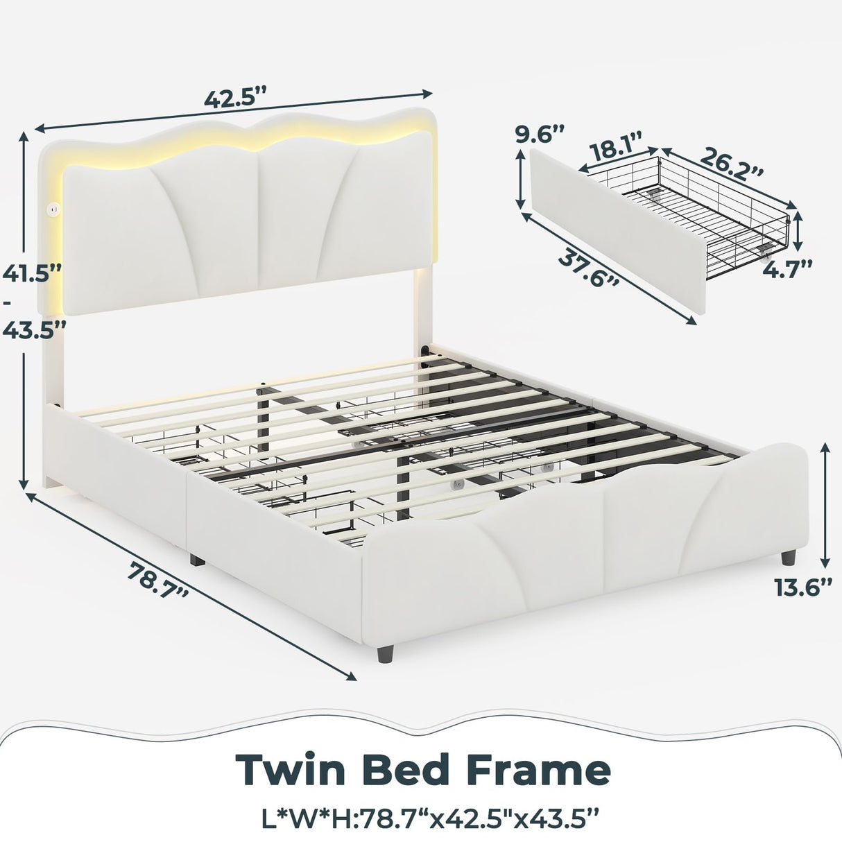 AOGLLATI Twin Bed Frame with 4 Storage Drawers & Charging Station,Upholstered Led Flower Twin Bed with Adjustable Headboard and Strong Wood Slat Support,No Spring Box Needed, Beige AOGLLATI