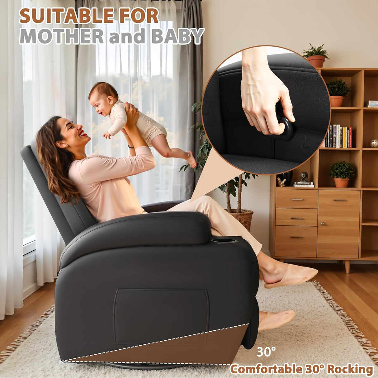 Flamaker Swivel Rocker Recliner Chair with Vibration Massage, 360° Swivel Recliner Chairs for Adults Ergonomic Lounge Chair with Cup Holders Lazy Boy Recliner Single Sofa Seat (Leather, Black) Flamaker