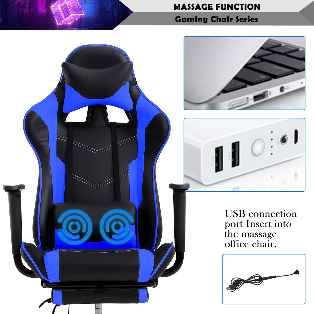 Gaming Chair, Height Adjustable Swivel Rolling Chair with Headrest Footrest and Massage Lumbar Support, PU High Back Ergonomic PC Chair for Office or Gaming, Office Gaming Chair Haiput Wam