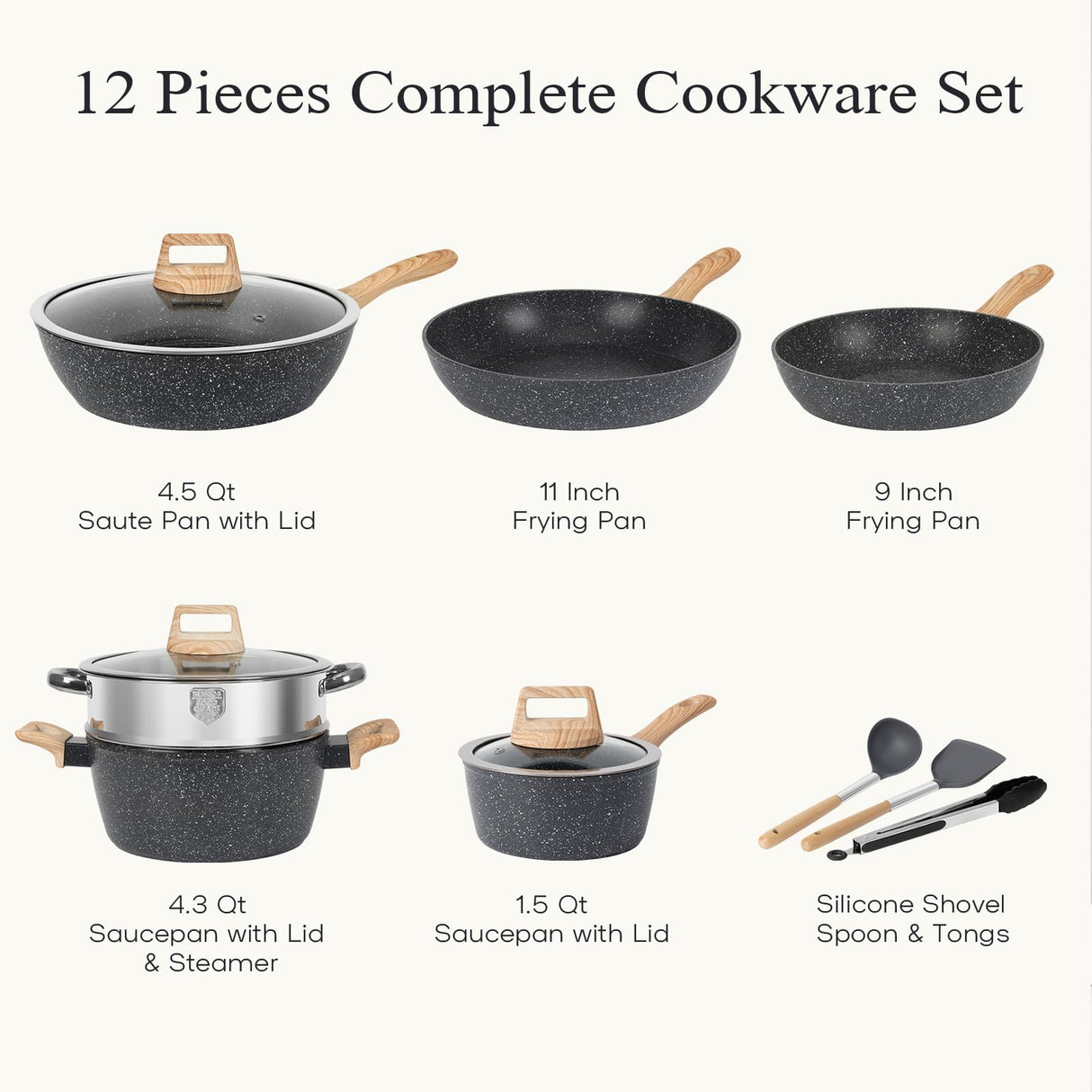 12 Pcs Pots and Pans Set Non Stick Kitchen Cookware Sets Nonstick Induction Cookware Black Granite Cooking Tools with Frying Pans, Saucepans, Steamer Silicone Shovel Spoon & Tongs (PFOS/PFOA Free) SODAY