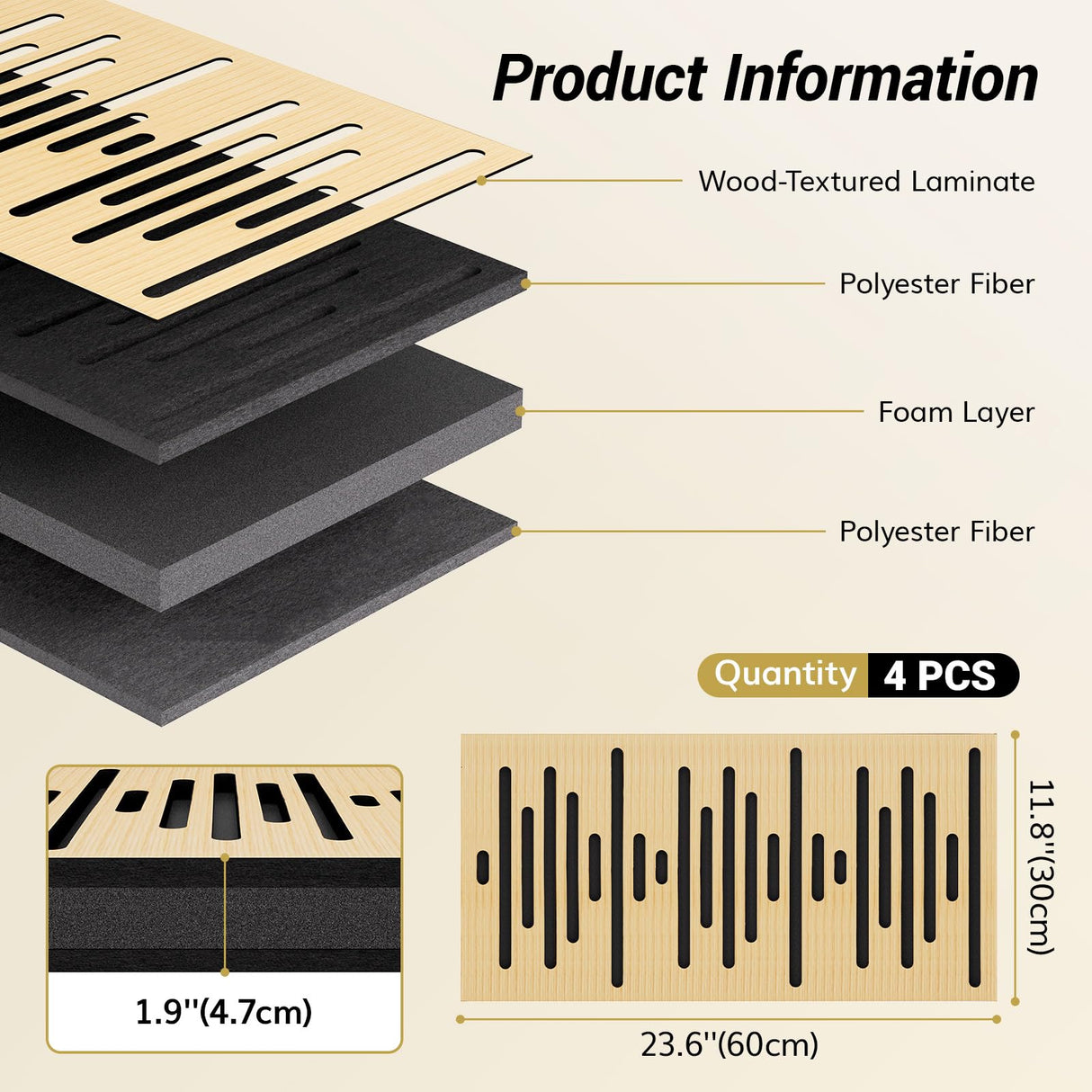 TONOR 4-Pack Acoustic Wood Wall Panels, 23.6” * 11.8” * 1.9” 3D Self-adhesive Wall Panel, Three-layer Soundproof Tiles for Echo Absorbtion, Acoustical Barrier of Polyester Fiber, wood, Burly Wood TONOR