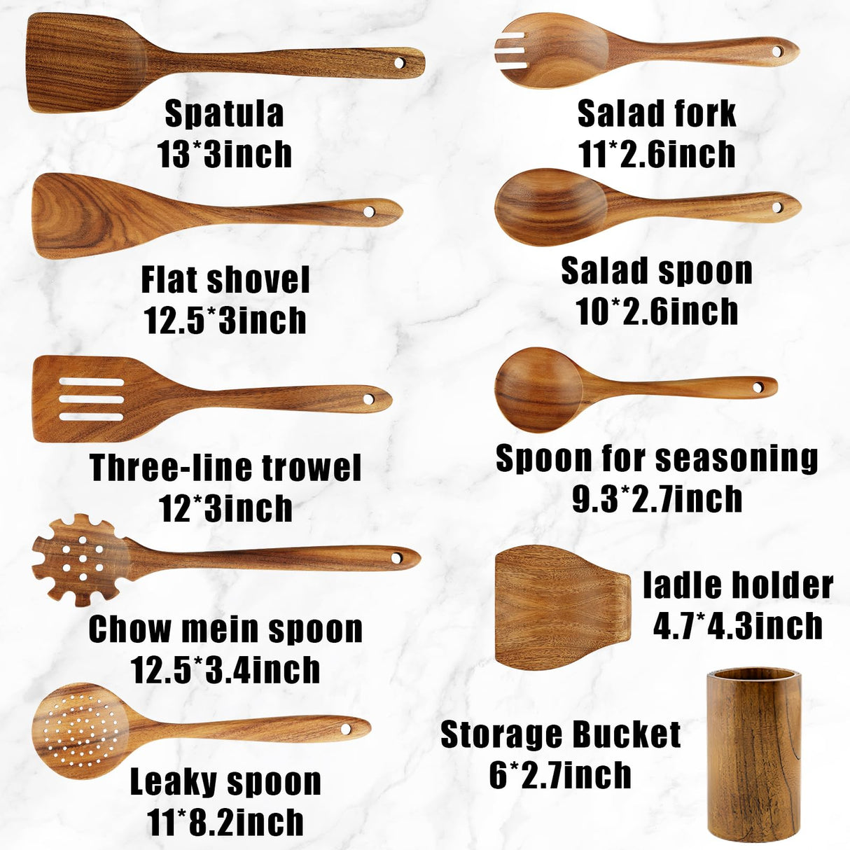 FJNATINH Wooden Spoons for Cooking, 10 Pcs Teak Wooden Cooking Utensil Set with Holder, Wooden Kitchen Utensils Set for Nonstick Pans & Cookware FJNATINH