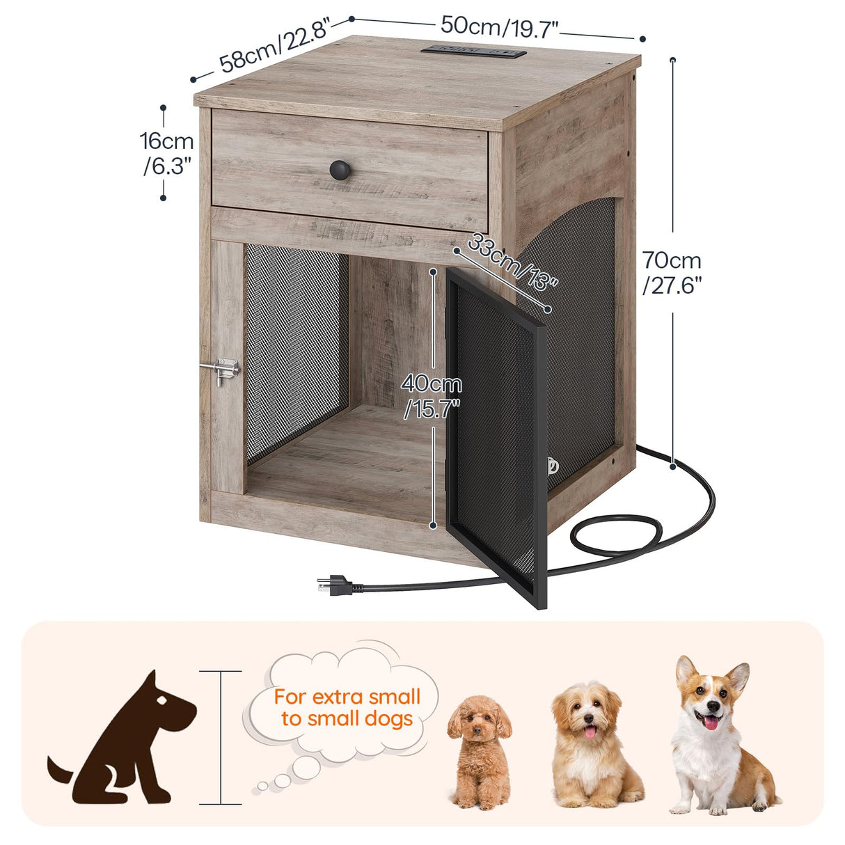 HOOBRO Dog Crate Furniture, Dog Kennel with Drawer and Charging Station, Indoor Decorative Puppy House, Wooden Pet Crate End Table for Small Dogs, Greige and Black BG58UGW03G1 HOOBRO