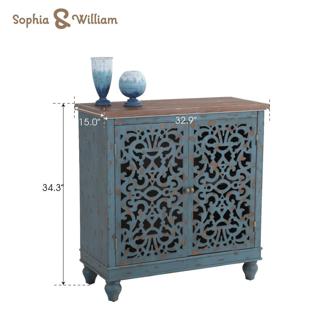 Sophia & William Accent Cabinet with Doors, Distressed Display Storage Cabinet with Wooden Frame and Hollow-Carved Floral Patterns for Entryway Living Room, Blue Sophia & William
