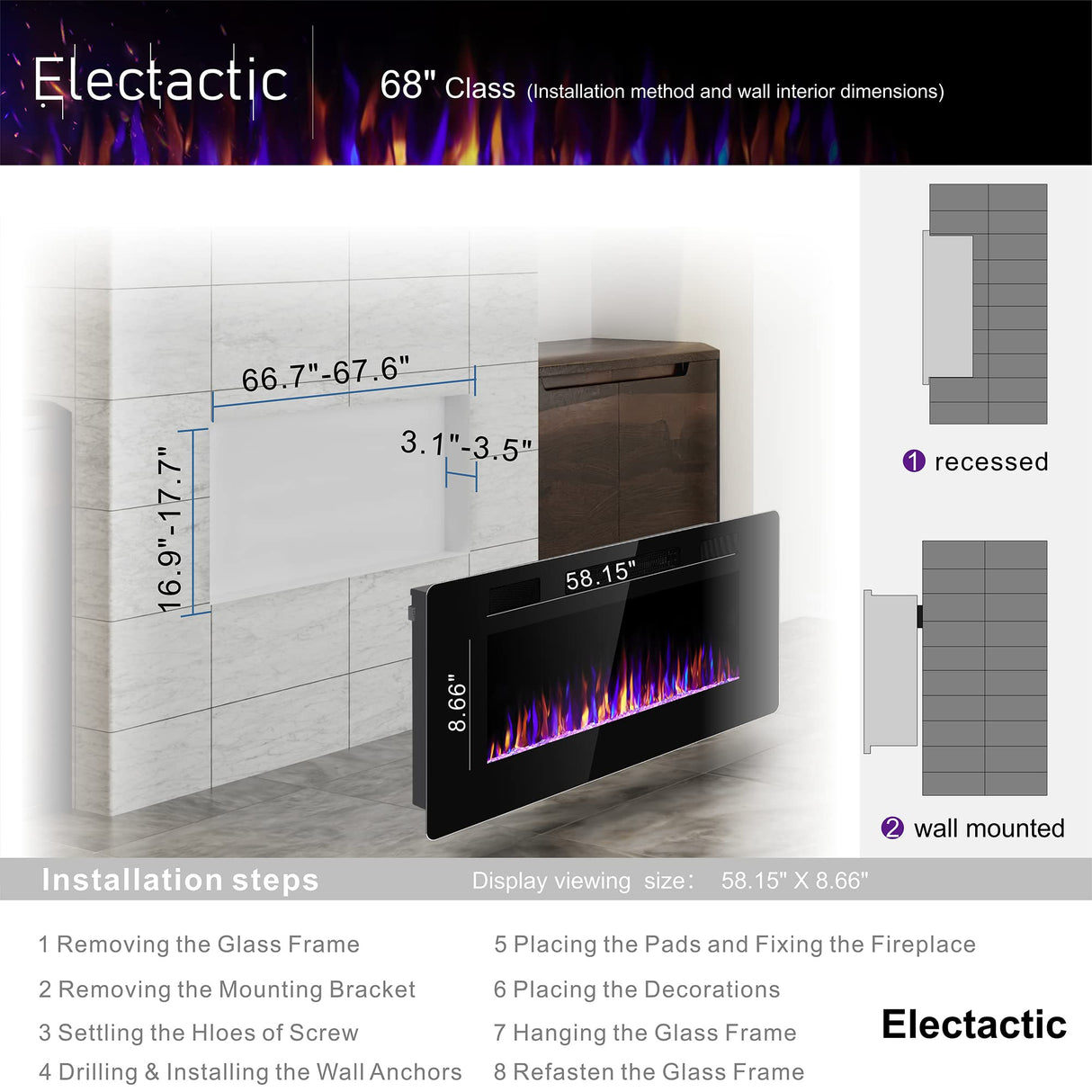 Electactic 68 inches Electric Fireplace Recessed and Wall Mounted Heater and Linear Fireplace, with Timer, Remote Control, Adjustable Flame Color, 750w/1500w, Black Electactic