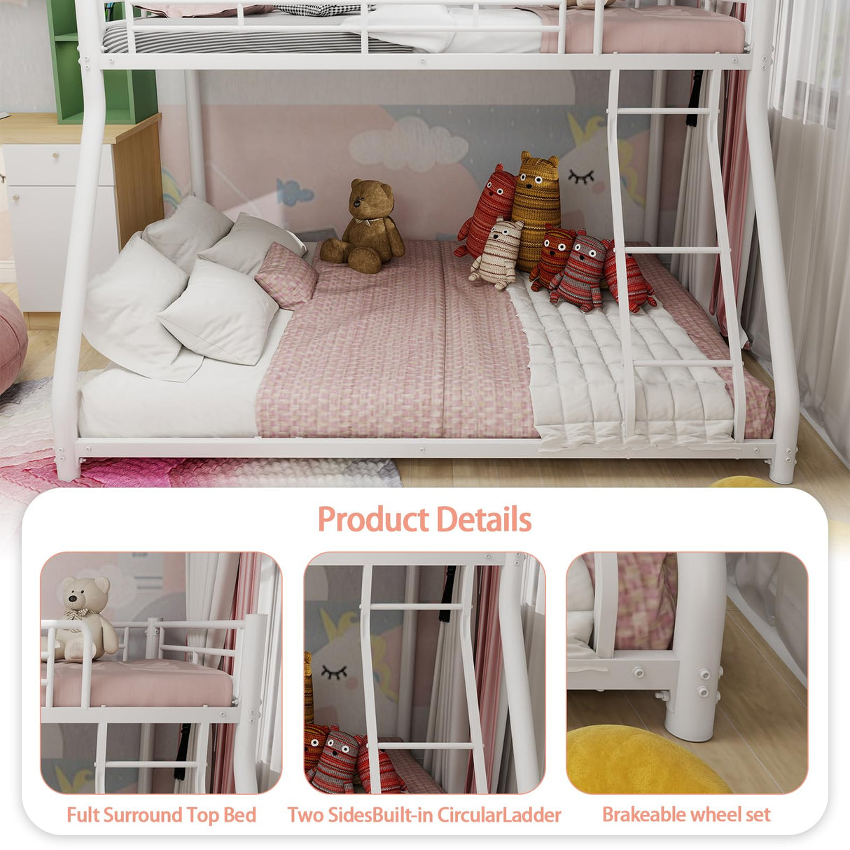 Bellemave Twin Over Full Metal Floor Bunk Bed with Inclined Ladder,Heavy Duty Bunk Beds for Adults,Twin Over Full,White Bellemave