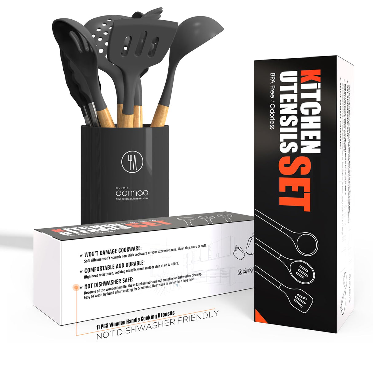 Silicone Cooking Utensils Kitchen Utensil Set - 446°F Heat Resistant Silicone Kitchen Utensils Set, Spatula,Turner Tongs, Spoon, Brush, Whisk,Kitchen Gadgets for Nonstick Cookware, BPA Free (Gray) oannao