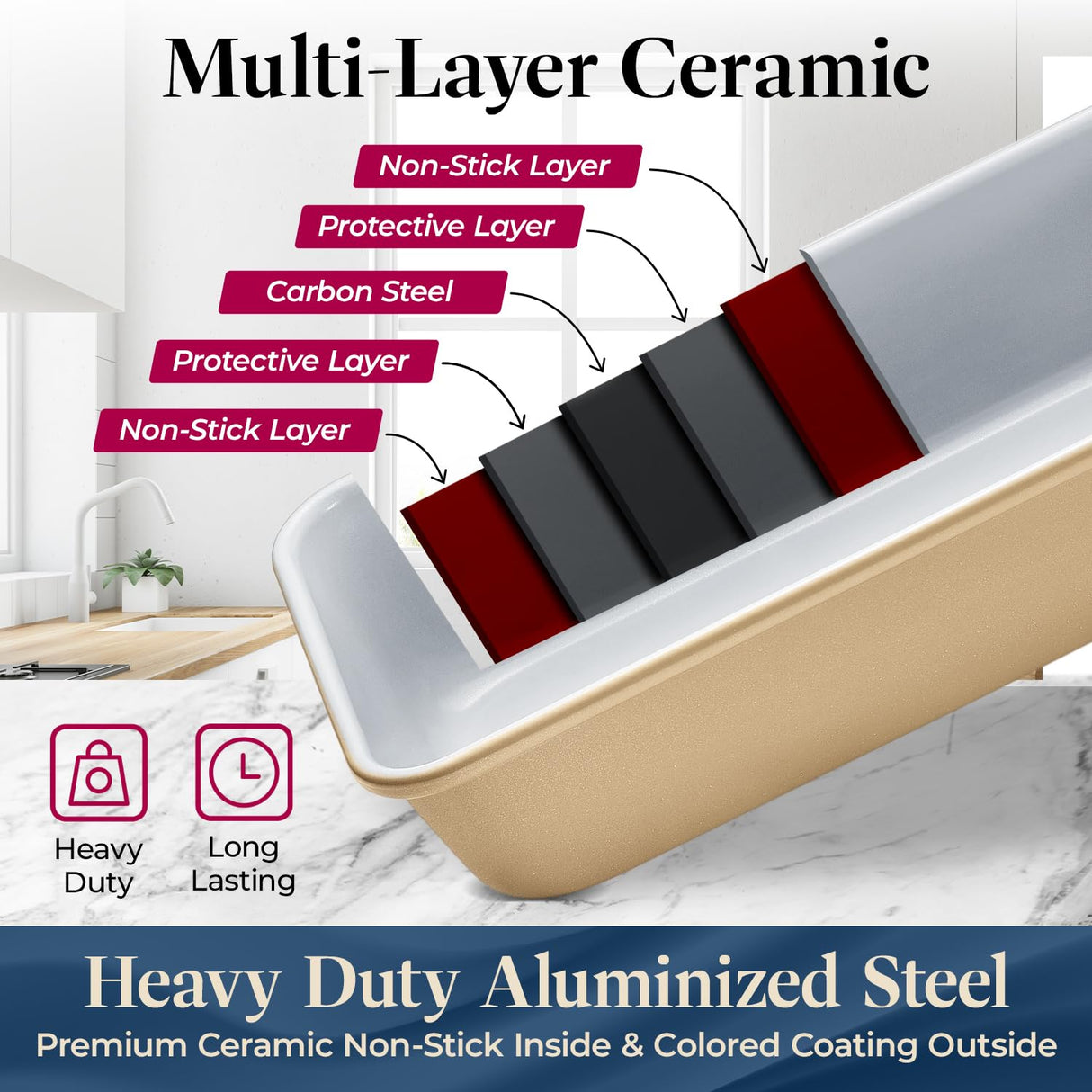 Bakken 8-Piece Stackable Bakeware Set – Ceramic Non-Stick, Oven-Safe Baking Sheets & Pans, PTFE/PFOA/PFOS-Free, Ergonomic Handles, Includes Cooling Rack – Healthy, Non-Toxic Baking Essentials BAKKENMASTER