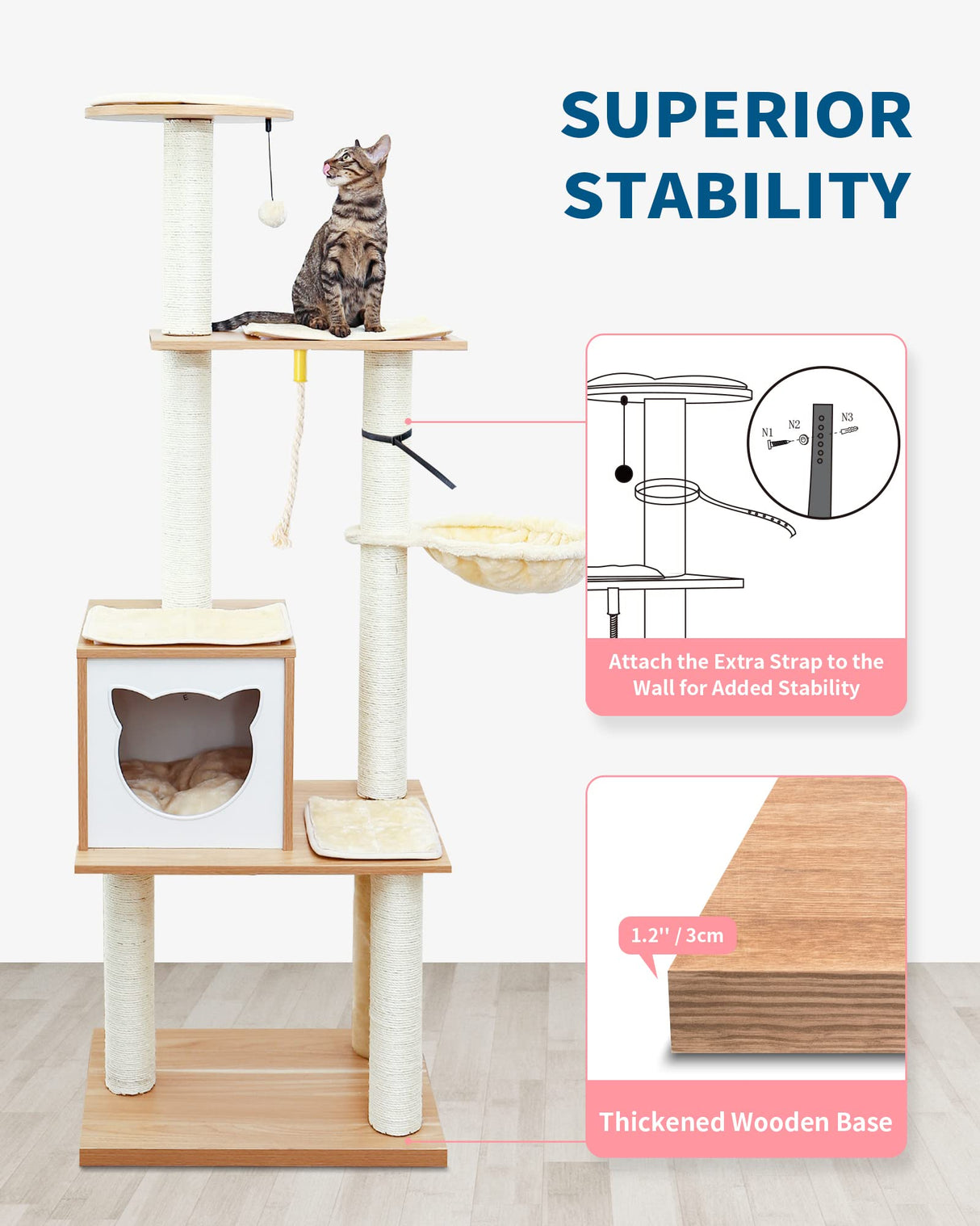 Made4Pets Cat Tree, Modern Cat Tree Tower for Indoor Cats - 65" Tall Wood Condo with Hammock, Scratching Post and Removable Pads for Small Large Cats MADE 4 PETS