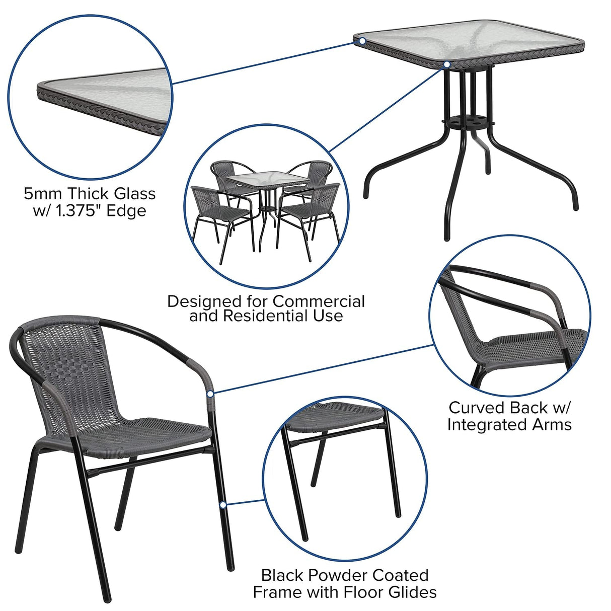 Flash Furniture 5-Piece 28" Square Indoor/Outdoor Patio Table and Chairs Set, Glass Metal Bistro Table and 4 Stacking Rattan Chairs, Gray Flash Furniture
