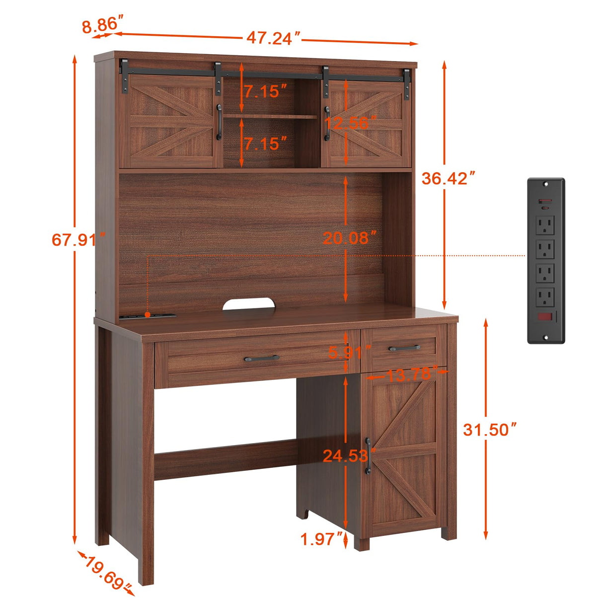 Farmhouse 47" Executive Desk, Computer Desk with 2 Drawers and Storage Cabinet, Home Office Desk with Hutch, Charging Hub, Workspace for Work and Study, Brown Vabches