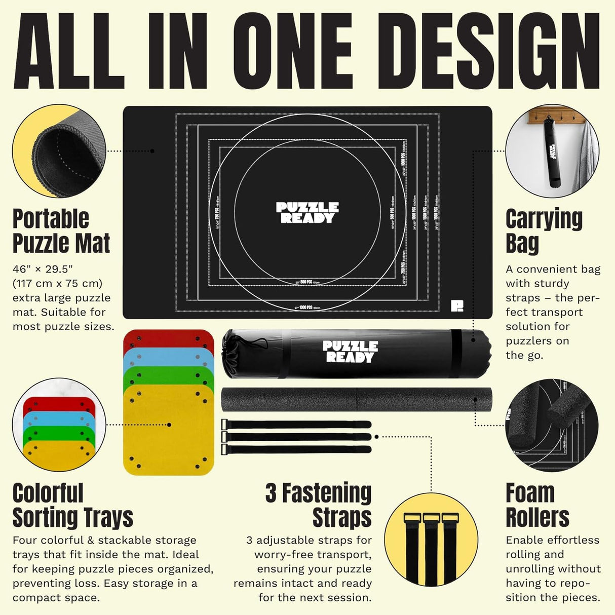 Puzzle Ready Jigsaw Puzzle Mat Roll-Up - 46″ x 29.5″ for 1500 Pieces - Portable Puzzle Board with 4 Sorting Trays, Storage Bag, Foam Roller, 3 Hook & Loop Fastener Straps Puzzle Ready