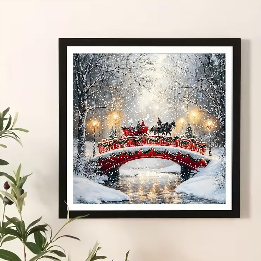 BOHADIY Diamond Art Kits for Adults, Christmas Winter Bridge Diamond Painting Kits for Beginner Round 5D Full Drill Snowy Forest Diamond Dots Crafts for Home Wall Decor Gifts 12x12 Inch BOHADIY