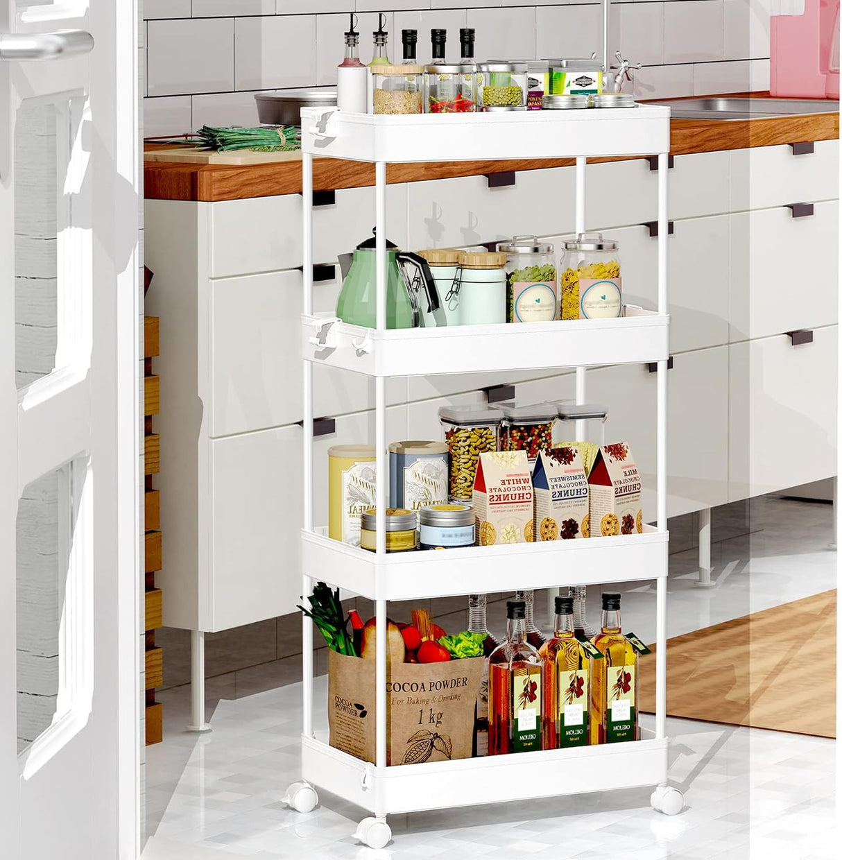 SPACEKEEPER Storage Cart, 4-Tier Mobile Shelving Unit, Bathroom Rolling Cart Utility Storage Organizer Shelf for Kitchen Living Room Bathroom Laundry Room & Dressers, White SPACEKEEPER